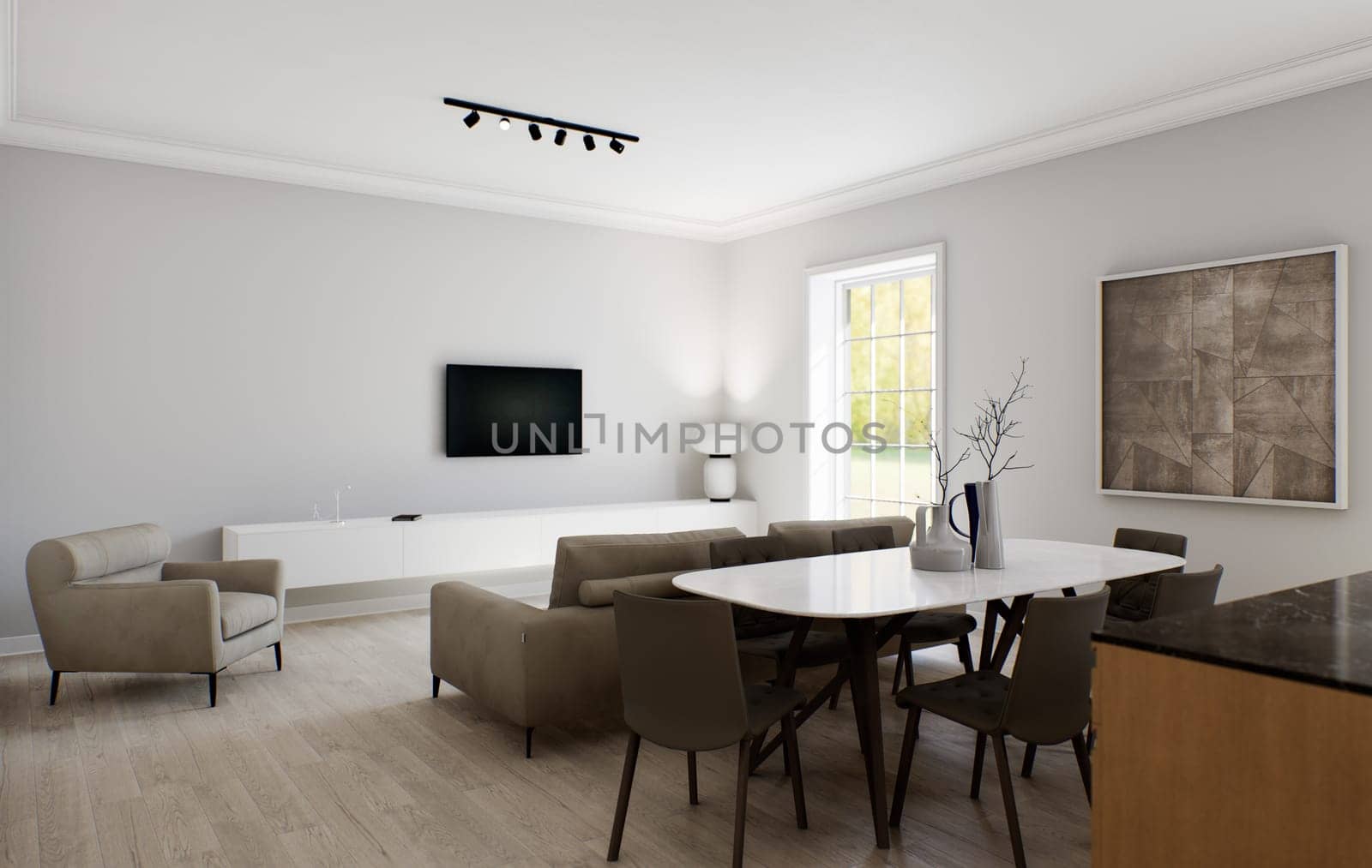 The interior of a light minimalist kitchen-studio. Interior with dining area and seating area with sofa and TV. 3D rendering