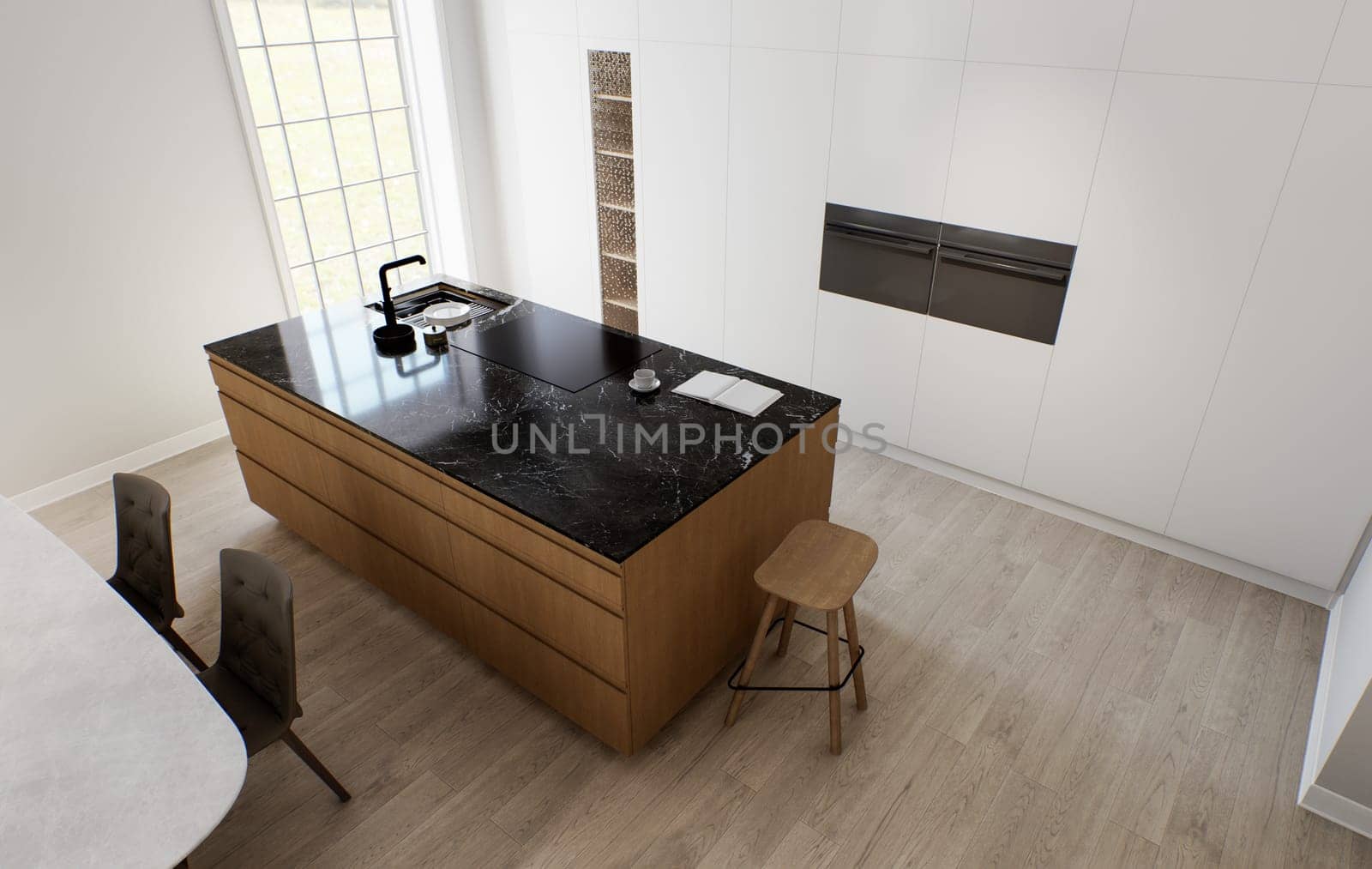 The interior of a light minimalist kitchen-studio with a wooden island. Kitchen with bar stool and black marble top with large window and appliances. Black faucet and stove on the island. 3D rendering