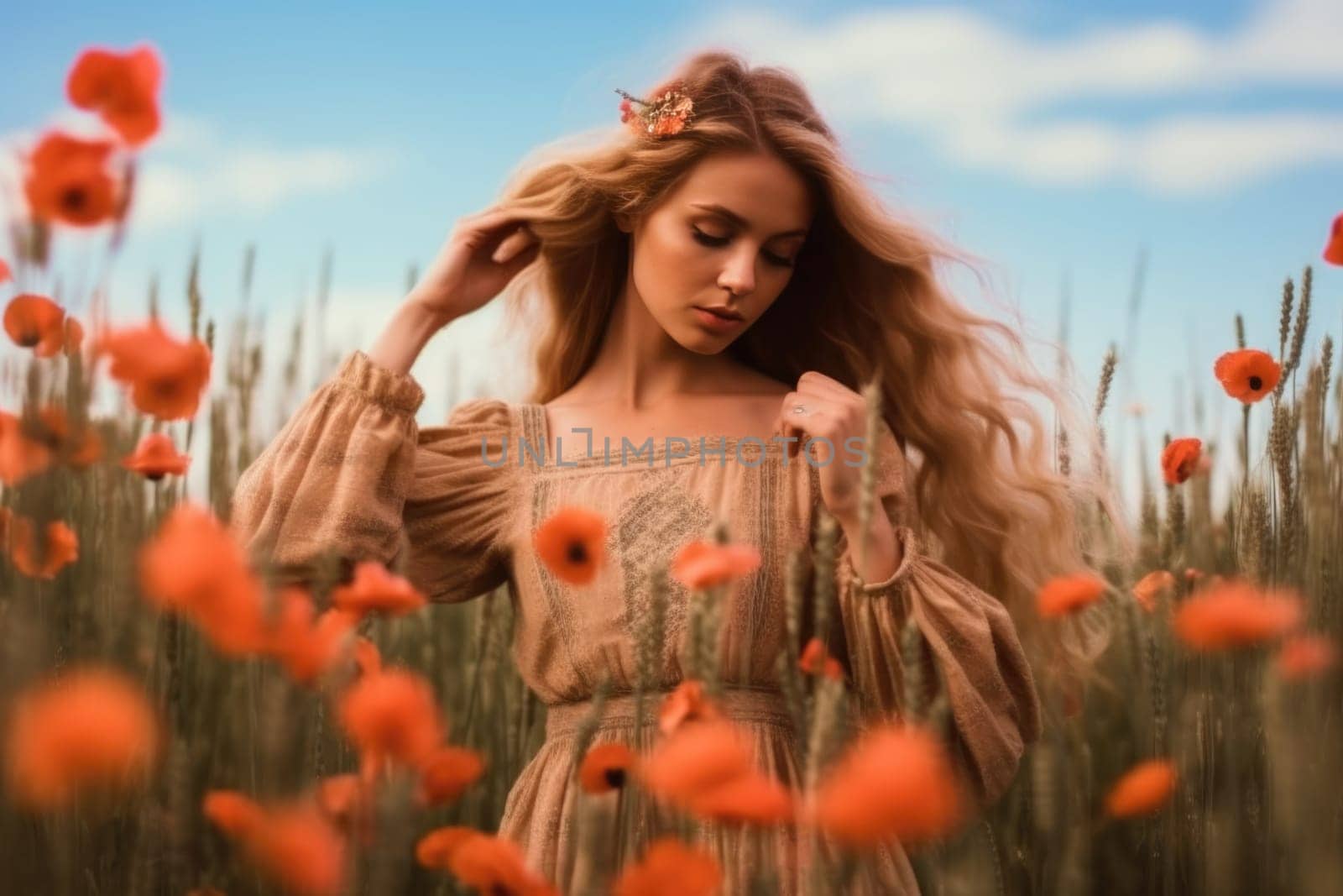 young beautiful woman in summer dress in poppies field . Warm sunset colors. Soft colors., AI Generative