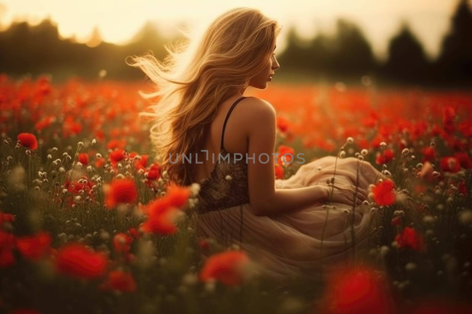 young beautiful woman in summer dress in poppies field . Warm sunset colors. Soft colors, view from behind, AI Generative