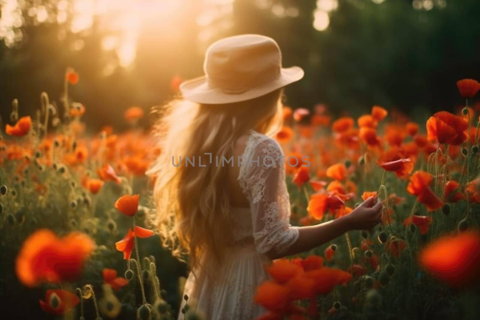 young beautiful woman in summer dress in poppies field . Warm sunset colors. Soft colors, view from behind, AI Generative