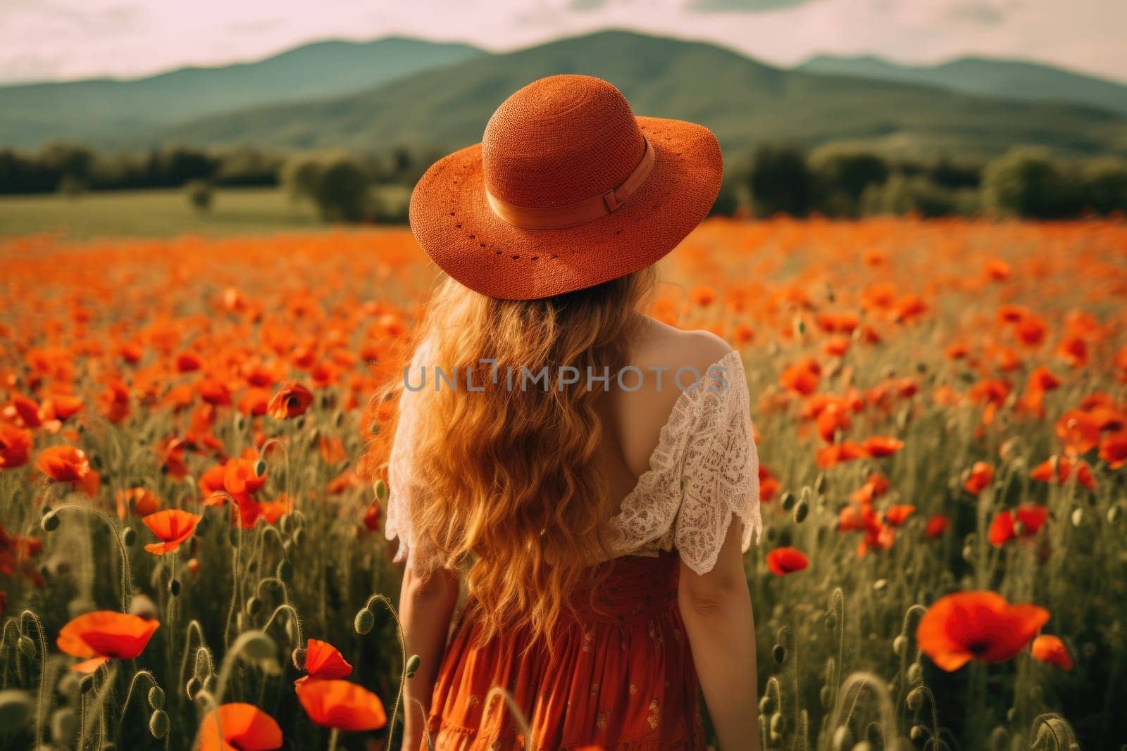 young beautiful woman in summer dress in poppies field . Warm sunset colors. Soft colors, view from behind, AI Generative