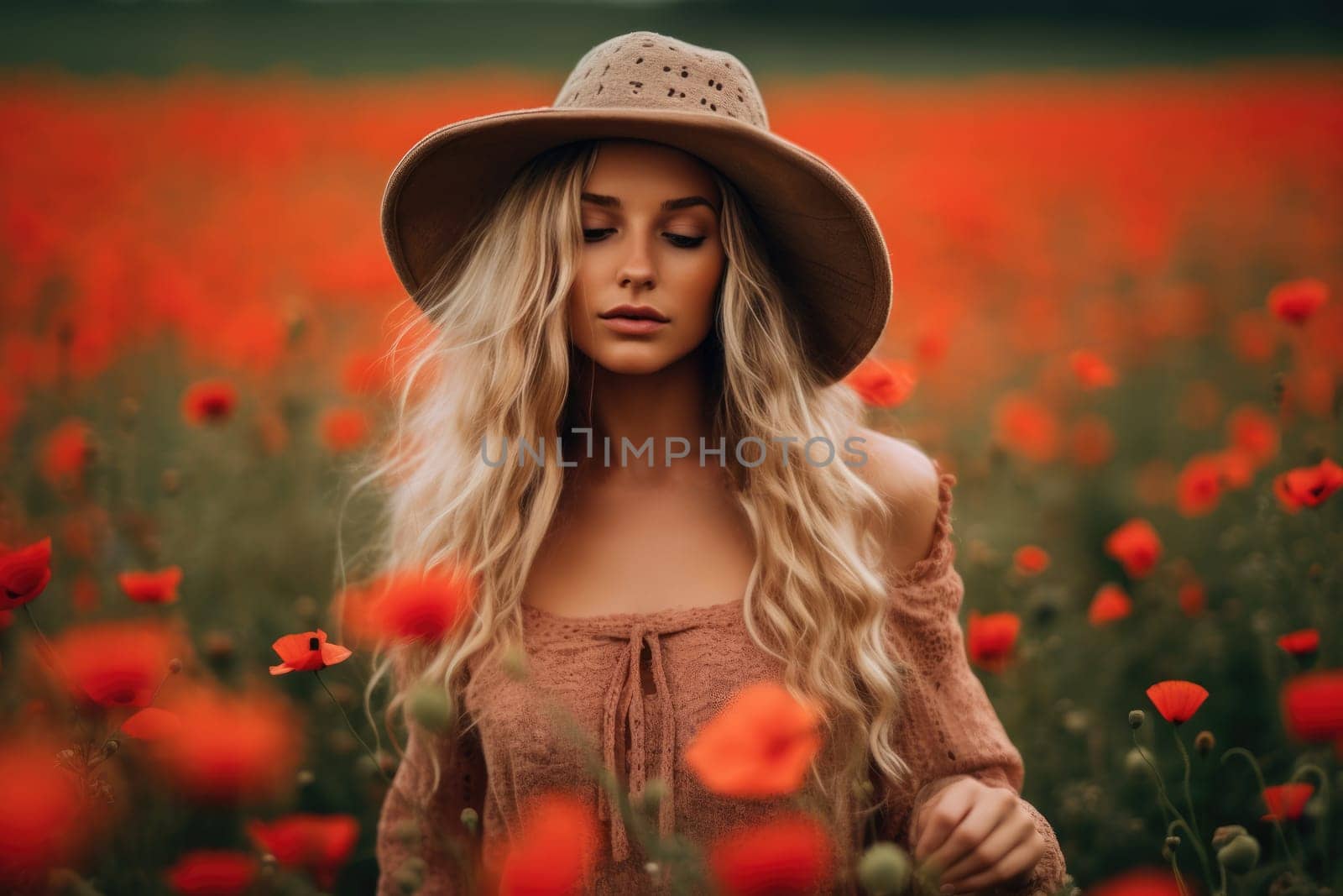 young beautiful woman in summer dress in poppies field , AI Generative by Desperada