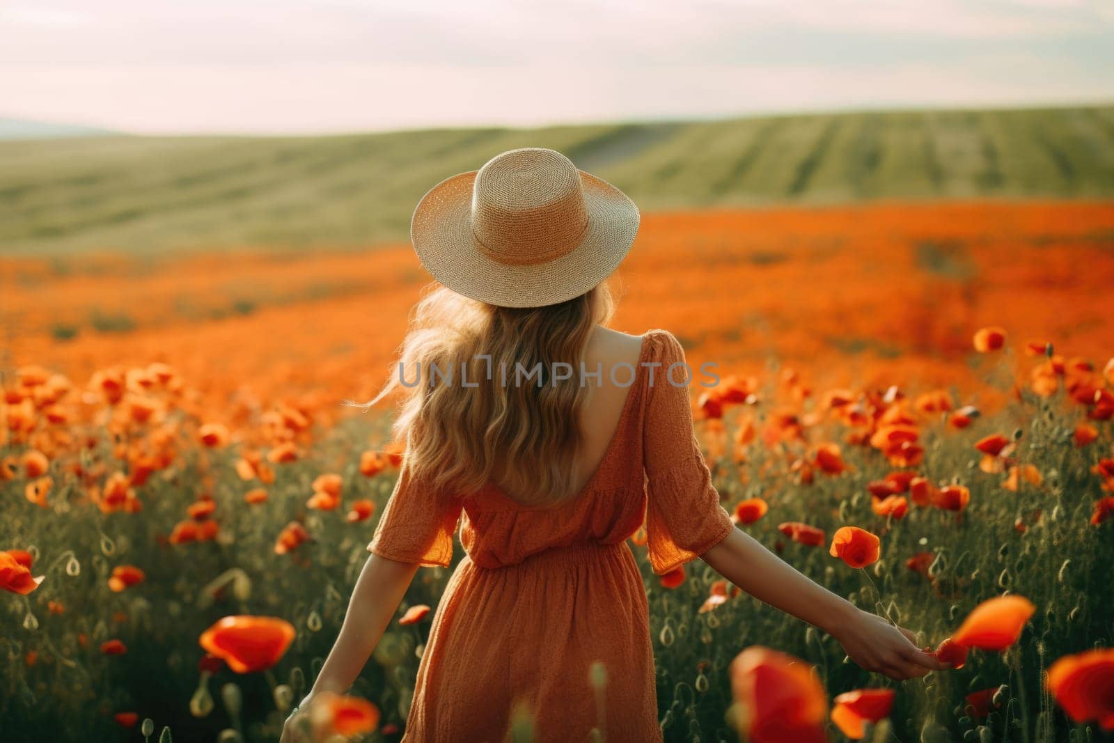 young beautiful woman in summer dress in poppies field . Warm sunset colors. Soft colors, view from behind, AI Generative