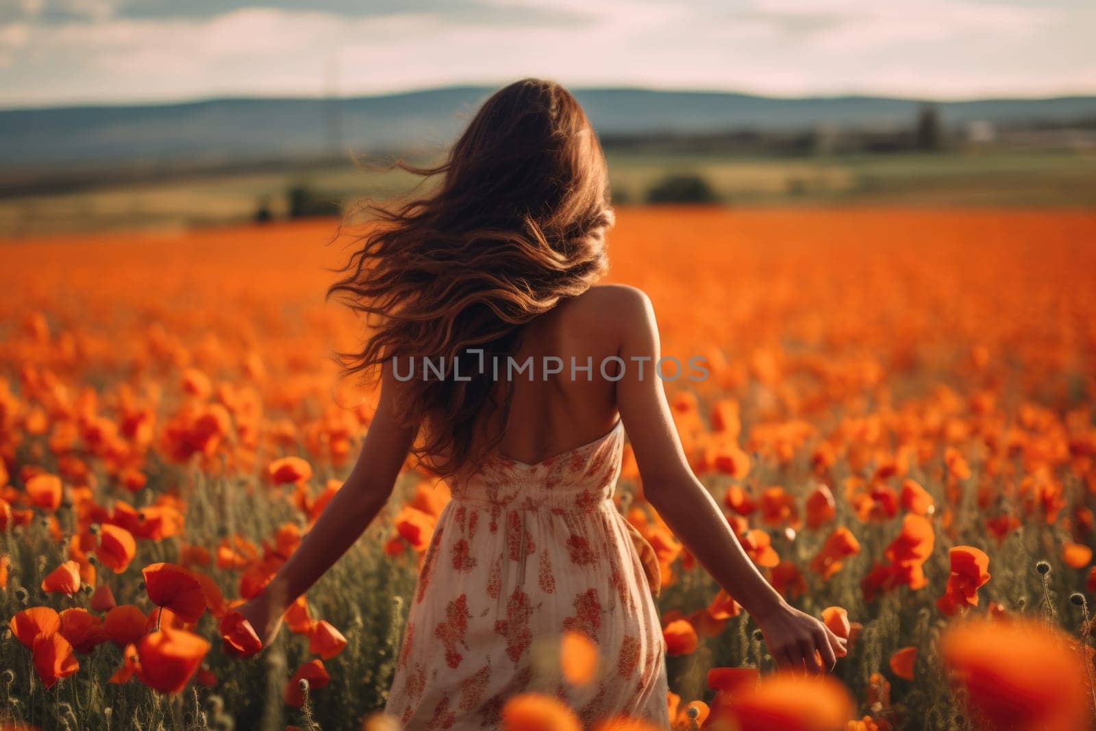 young beautiful woman in summer dress in poppies field . Warm sunset colors. Soft colors, view from behind, AI Generative