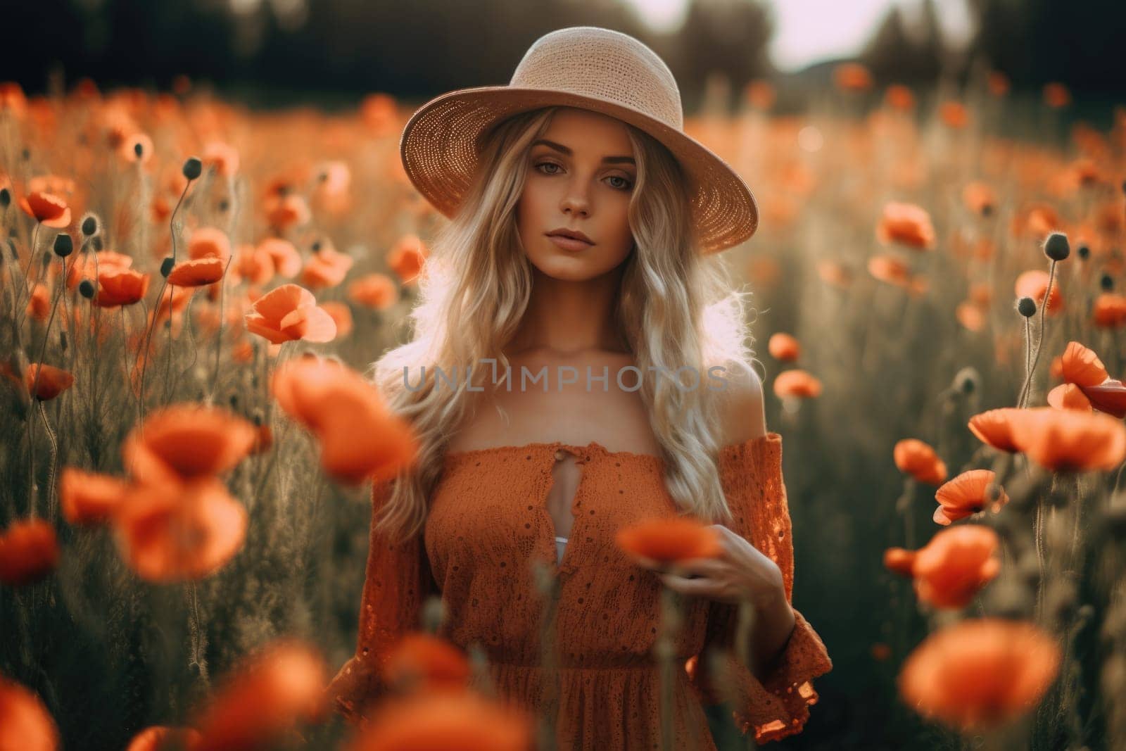 young beautiful woman in summer dress in poppies field . Warm sunset colors. Soft colors., AI Generative