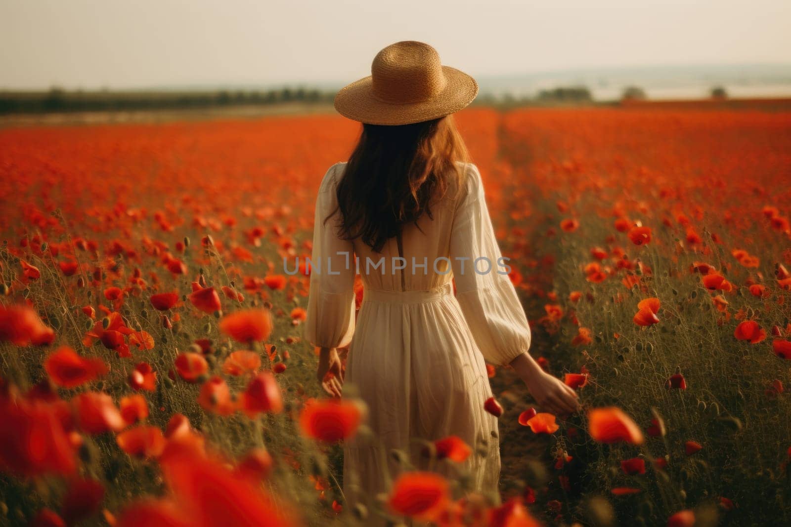 young beautiful woman in summer dress in poppies field . Warm sunset colors. Soft colors, view from behind, AI Generative