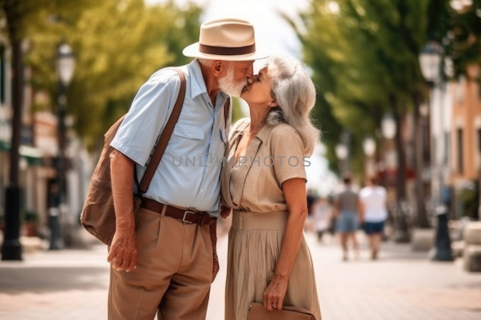 loving elderly couple kissing at the street, AI Generative