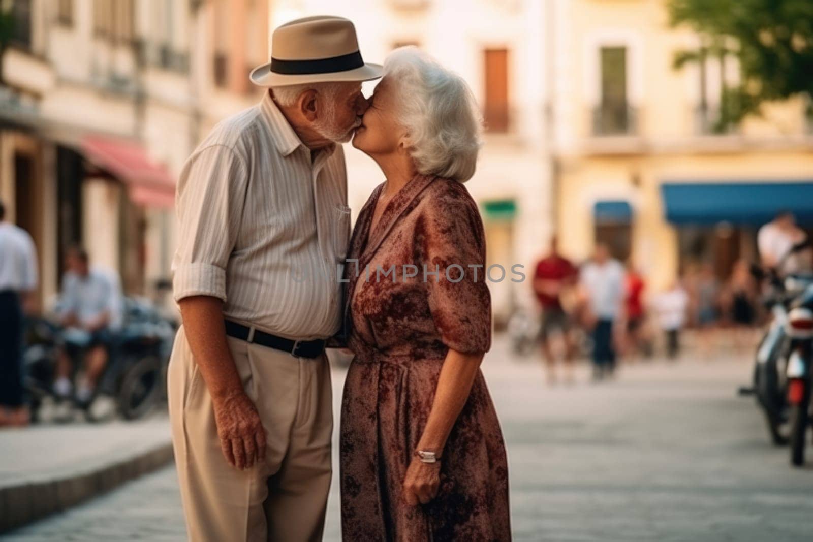 loving old couple kissing at the street, AI Generative by Desperada