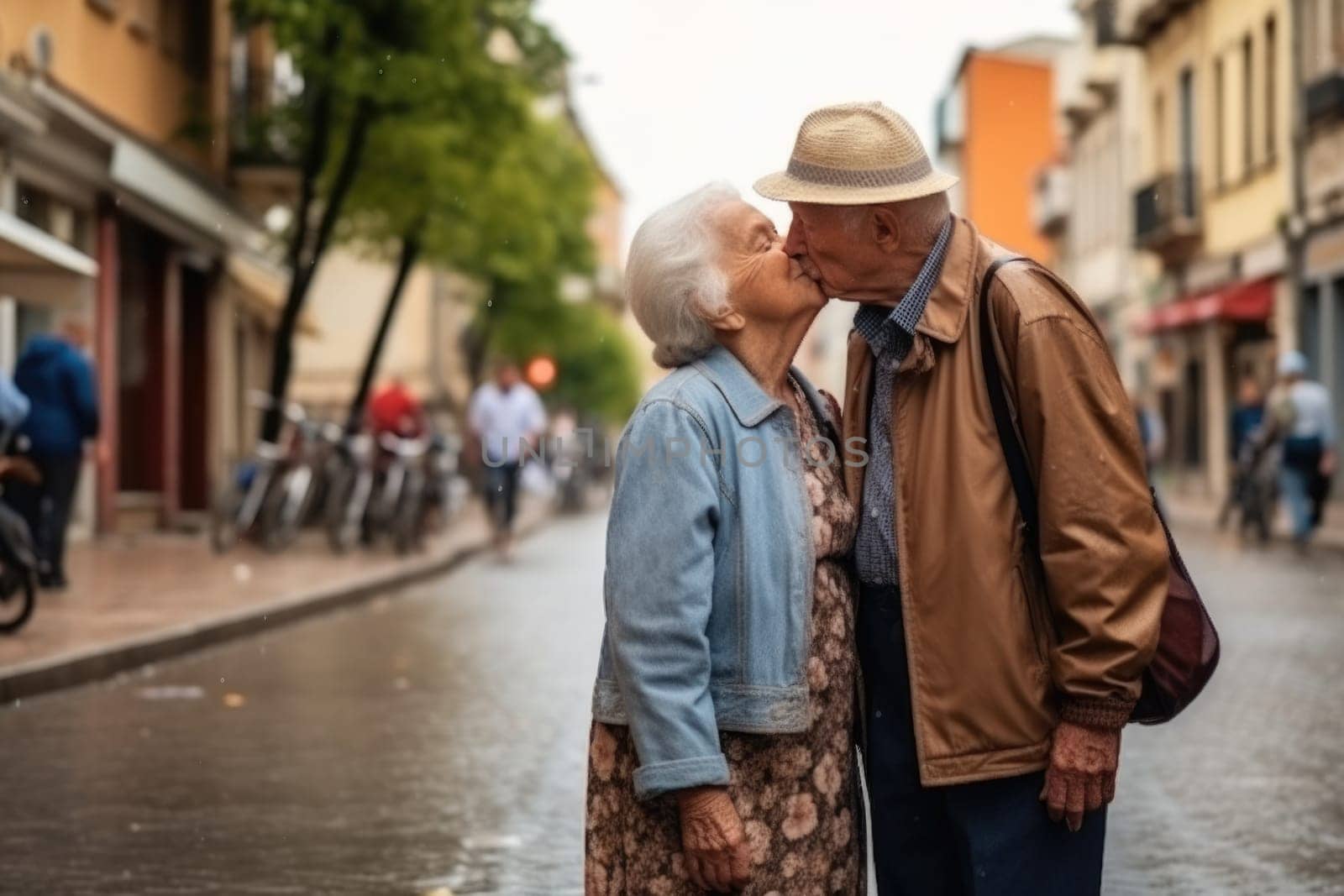 loving old couple kissing at the street, AI Generative by Desperada