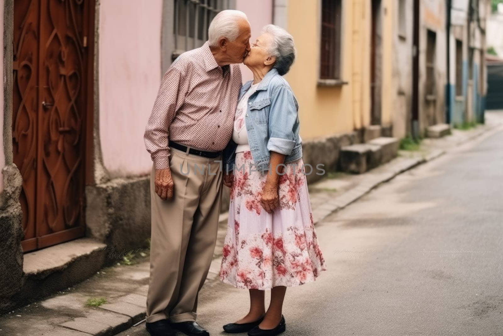 loving elderly couple kissing at the street, AI Generative