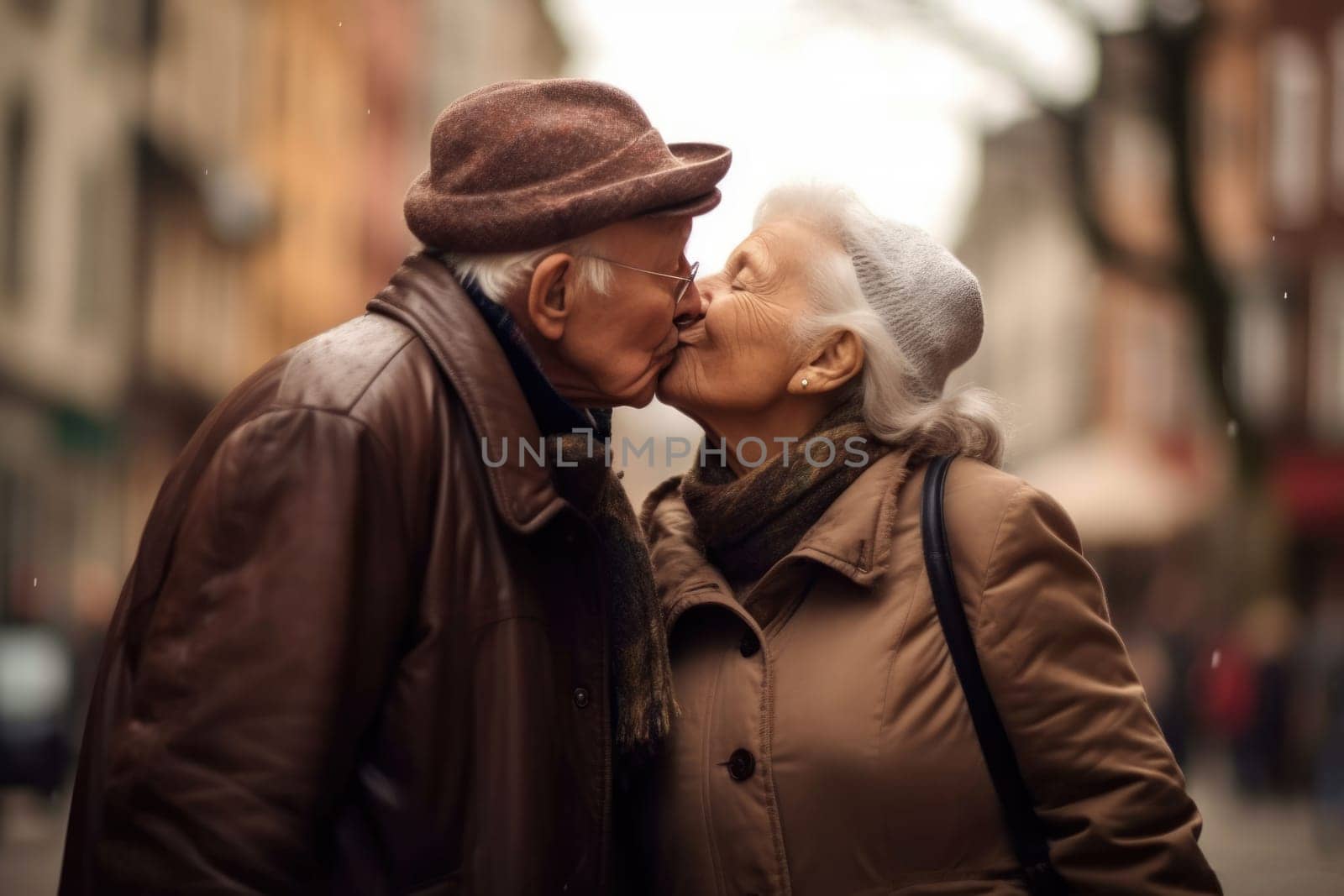 loving elderly couple kissing at the street, AI Generative
