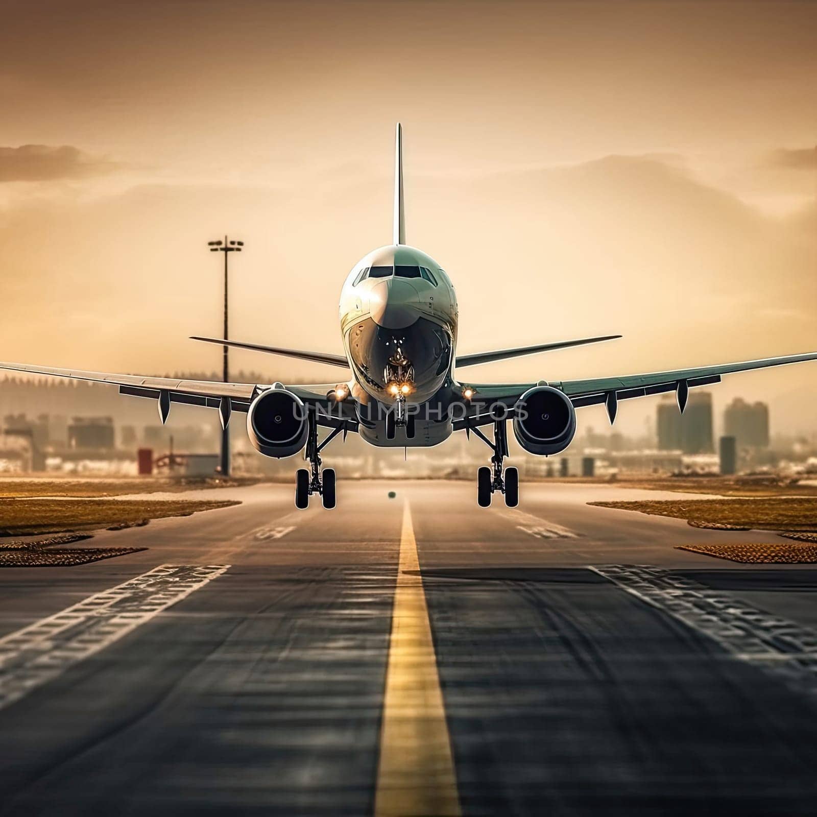 Front view of a passenger plane landing on the runway