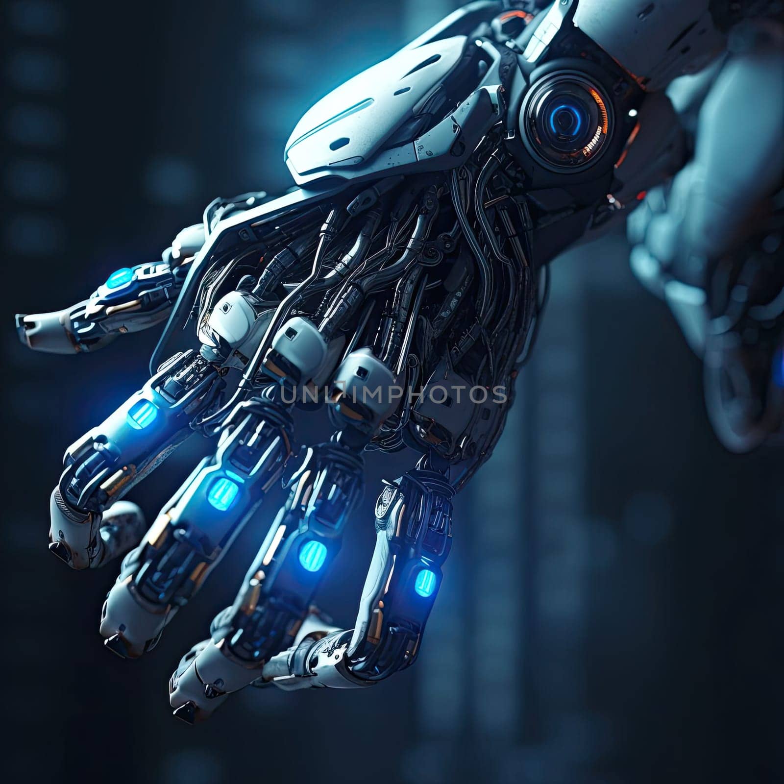 The hand of the robot of the future on a dark background. The concept of new technologies