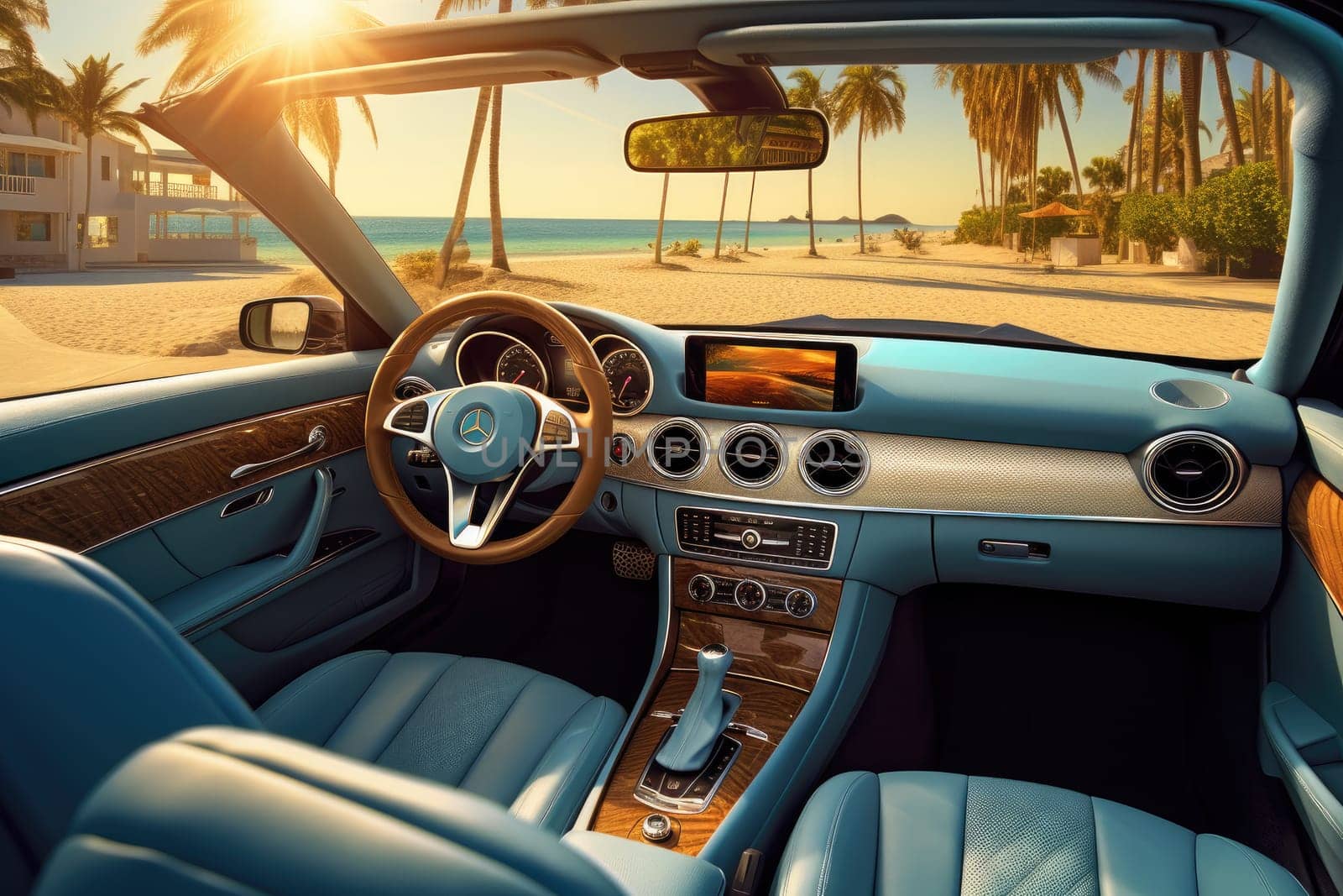 luxury car salon, palm trees and beach on background, AI Generative