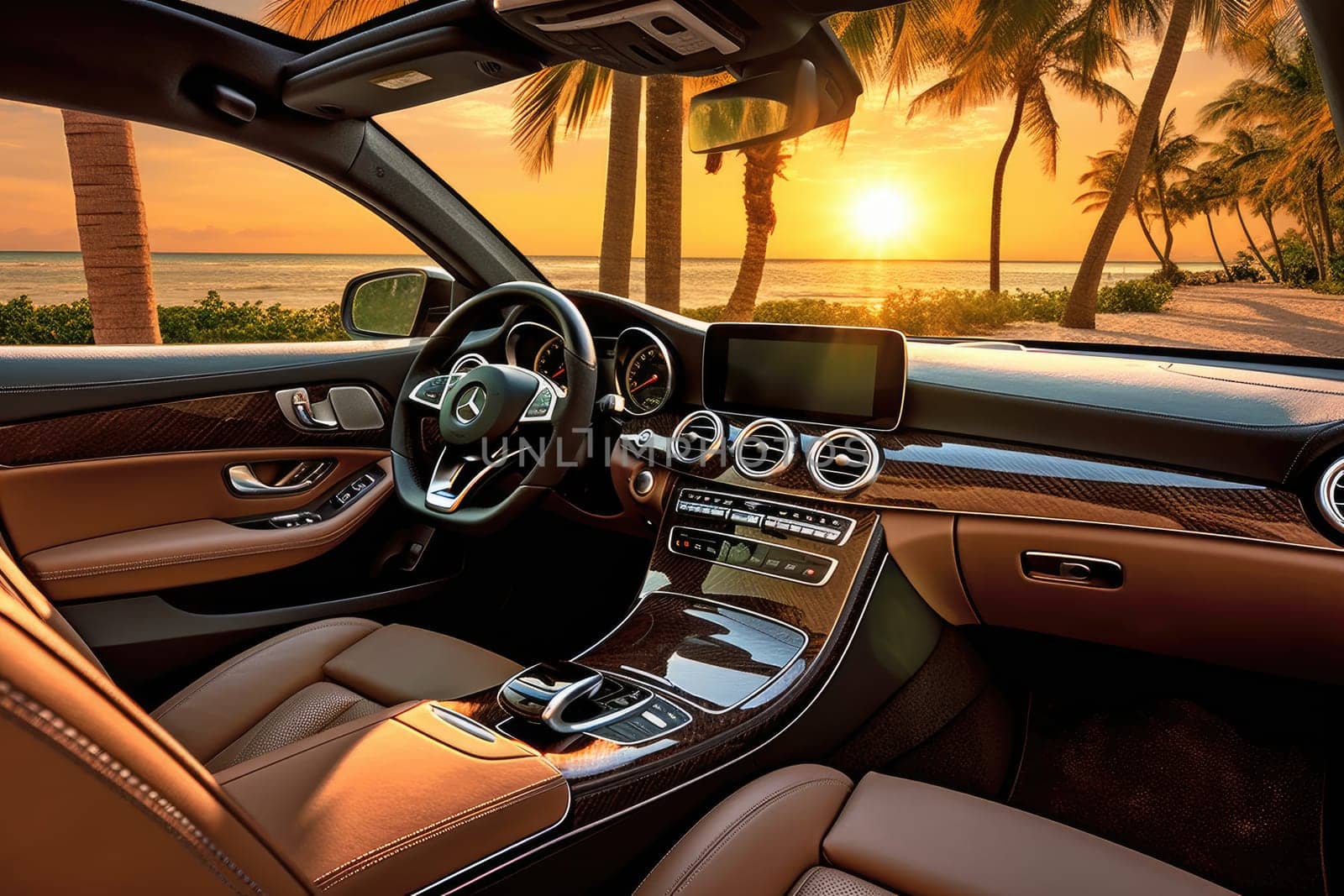 luxury car salon, palm trees and beach on background, AI Generative