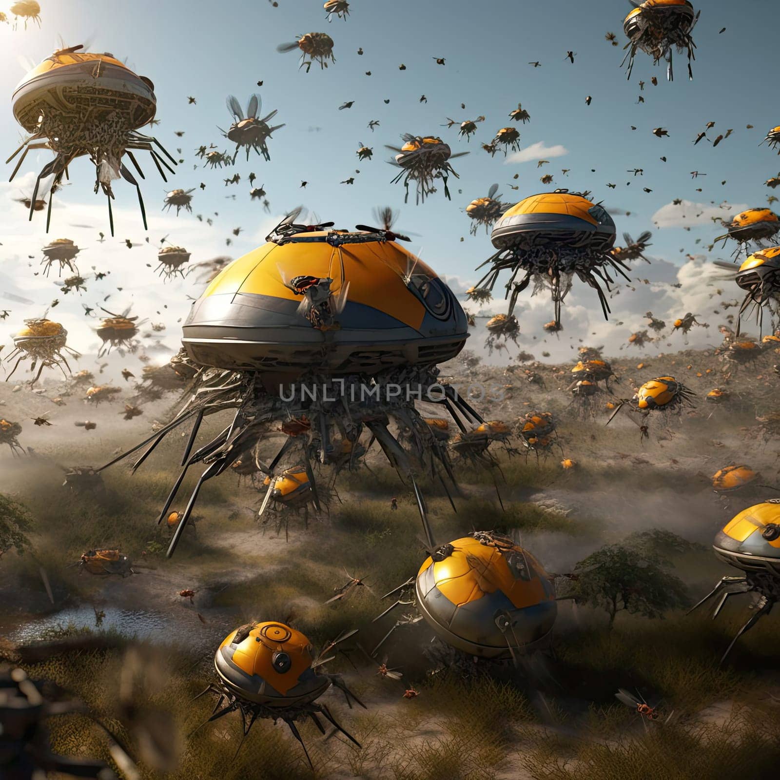 A swarm of combat robots on the battlefield