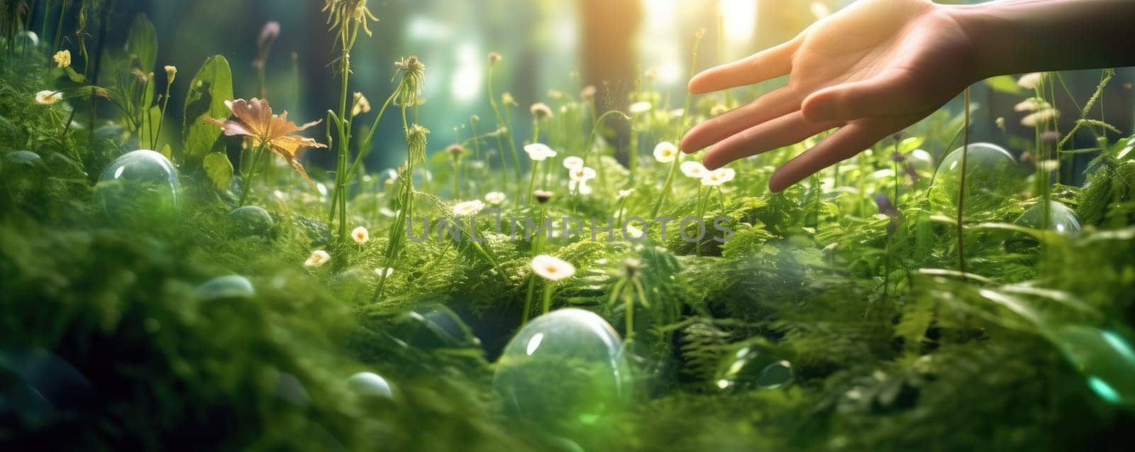 A hand reaches for the grass in a sunny bright forest by cherezoff