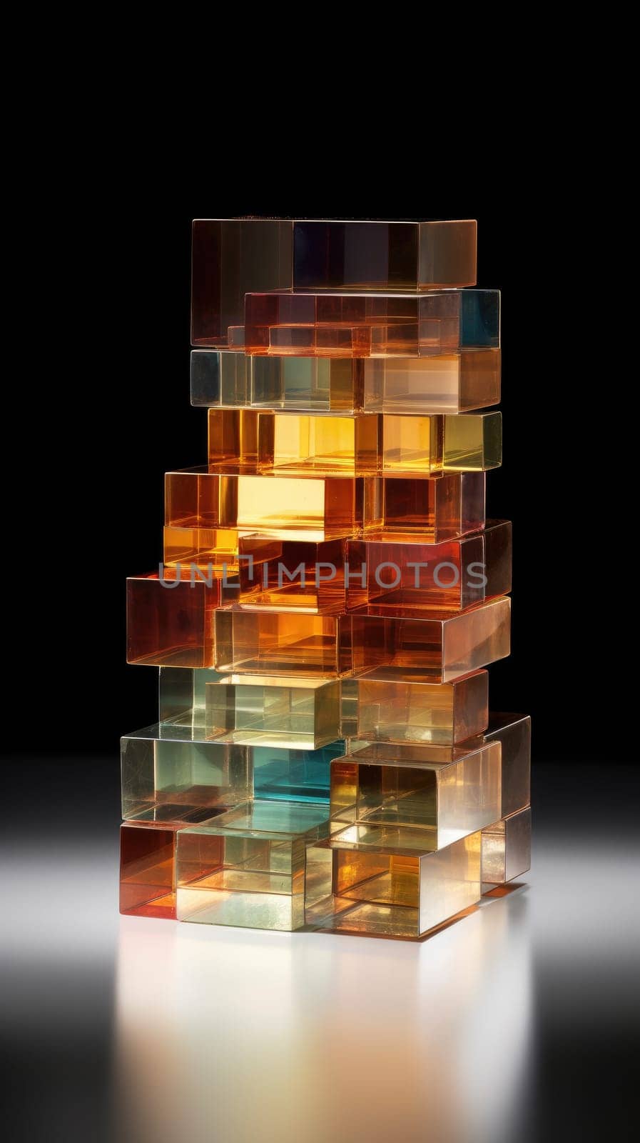 pyramid of glass cubes on dark background, AI Generative. Pyramid prism refracts light, physics of light, crystal glass