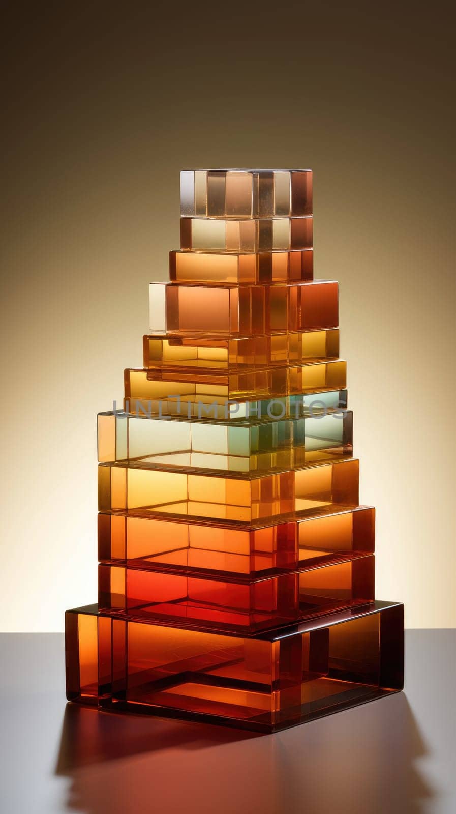 pyramid of glass cubes on dark background, AI Generative. Pyramid prism refracts light, physics of light, crystal glass