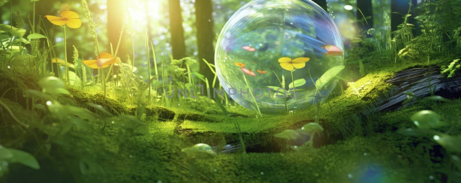 Glass sphere in the forest, grass and sun by cherezoff