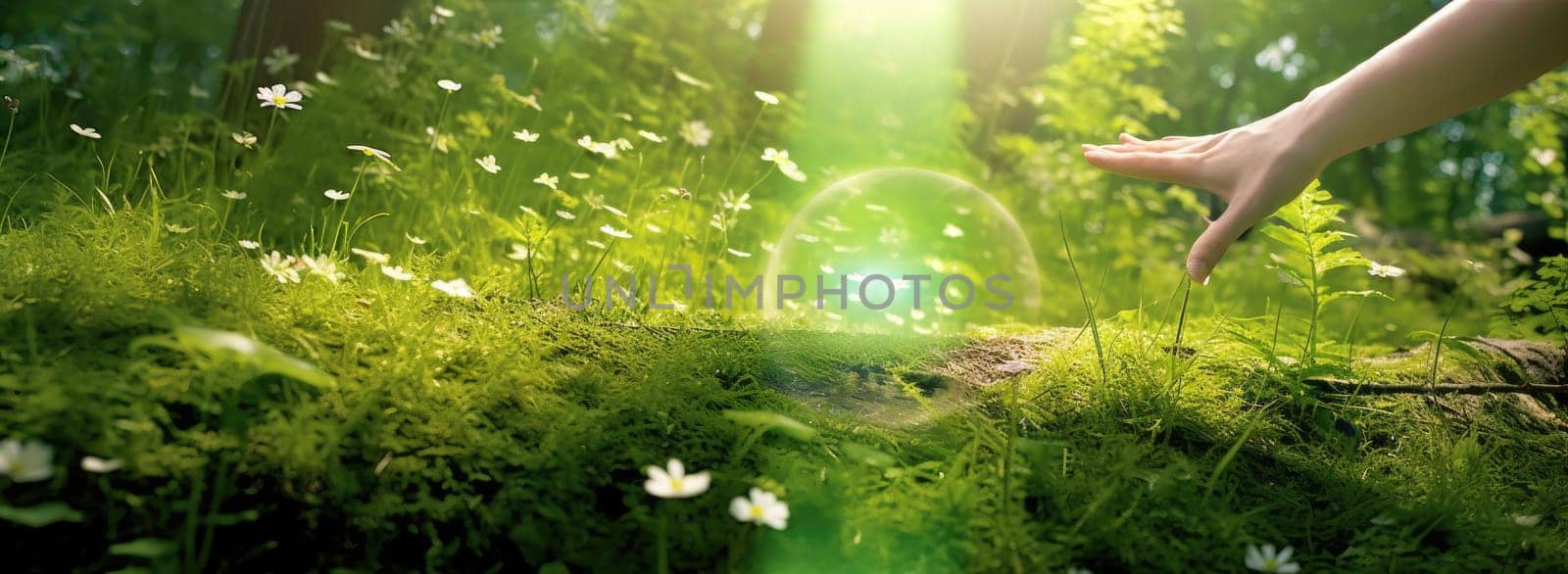 A hand reaches for the grass in a sunny bright forest by cherezoff