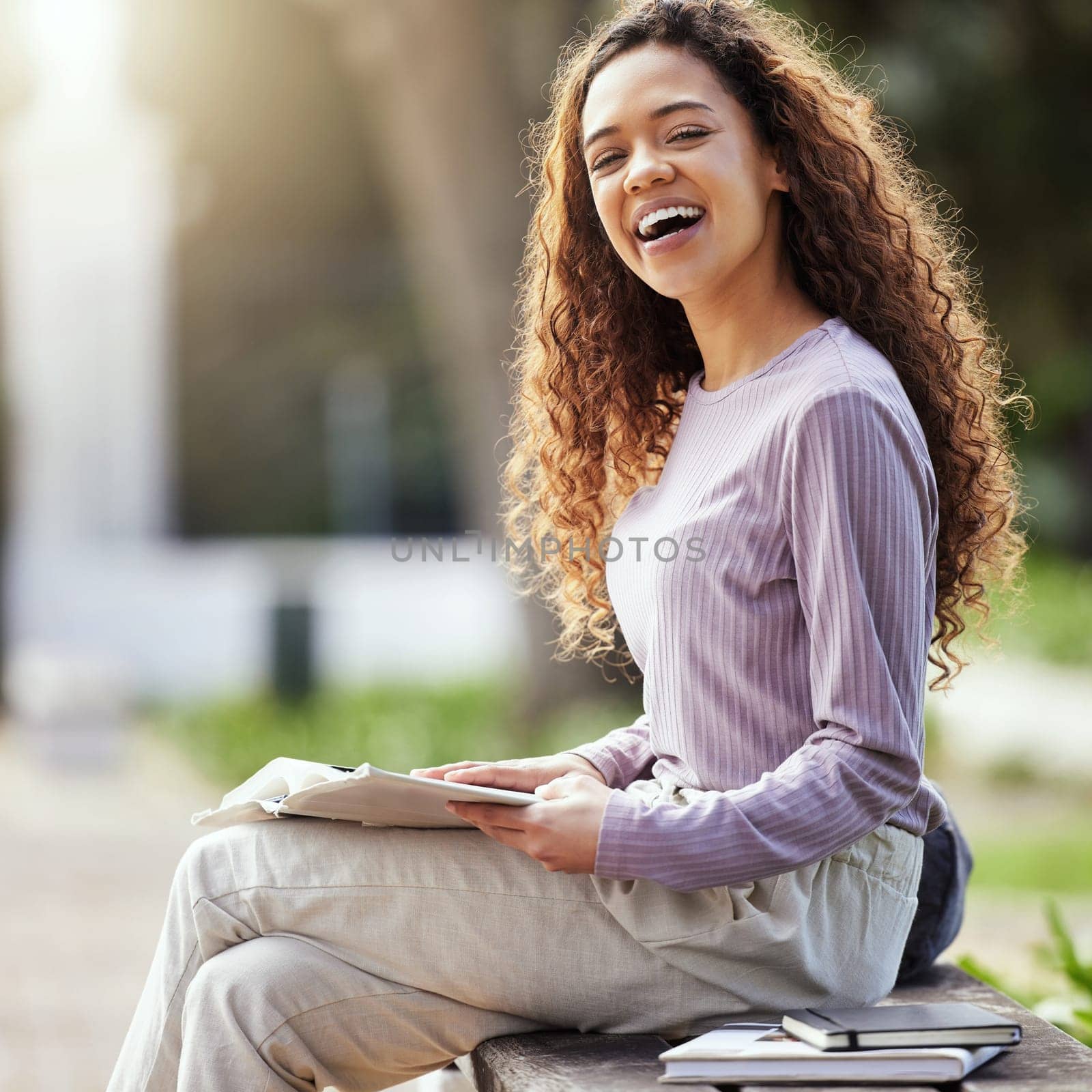 Happy woman, books and education with student on campus, learning with scholarship at university and outdoor. Female person in portrait with smile, college course material and textbook for studying by YuriArcurs