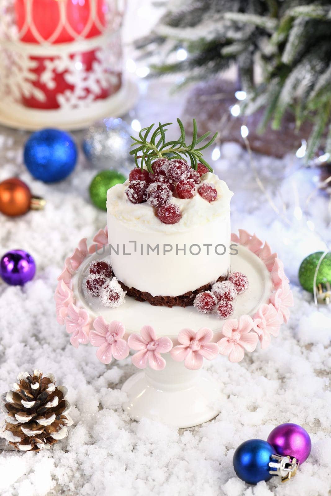 Mousse cakes with coconut cream and Greek yogurt over chocolate cake are the perfect dessert. Add whipped cream and berries. Treat friends and loved ones on Christmas or New Year's Eve