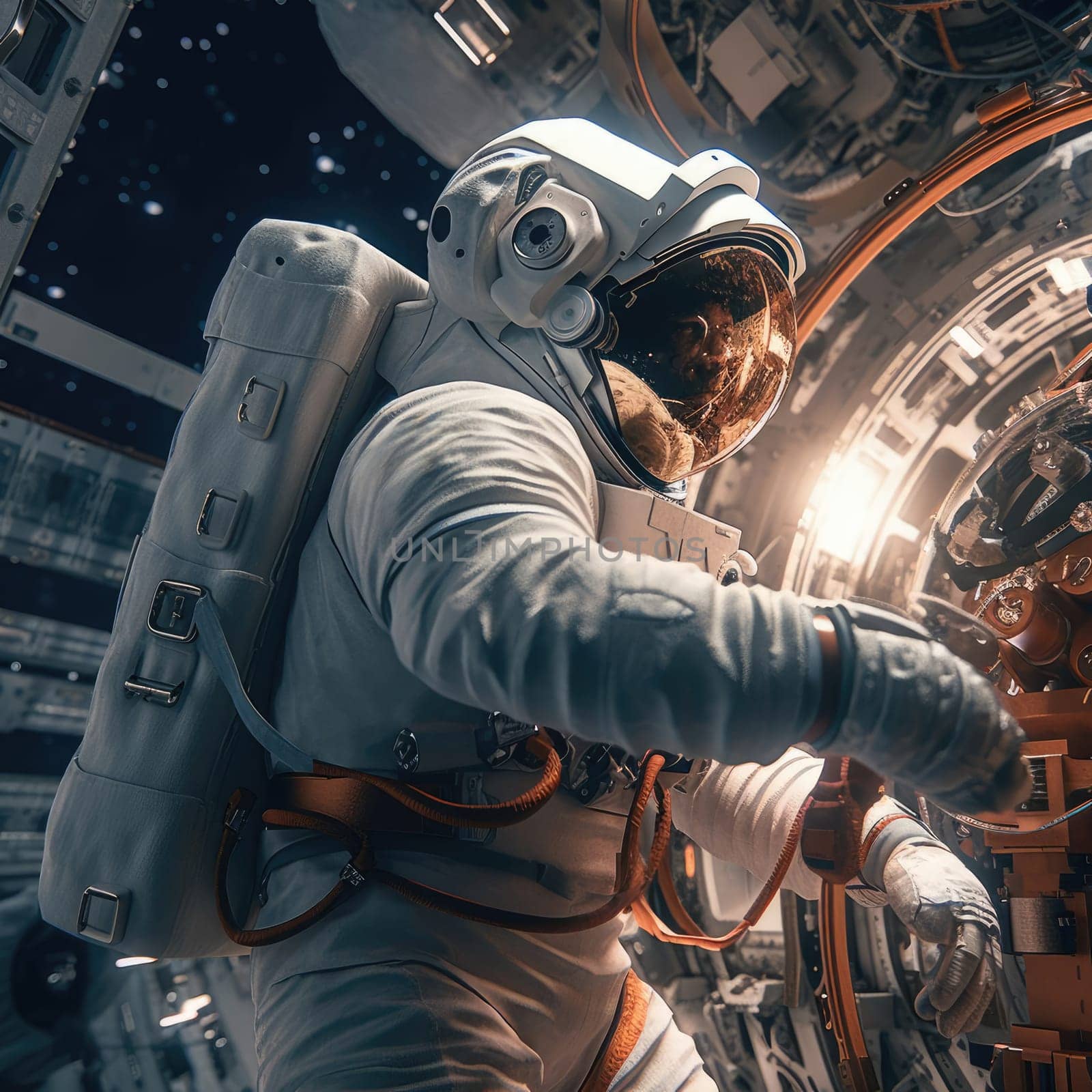 An astronaut in a spacesuit repairs a space station in outer space