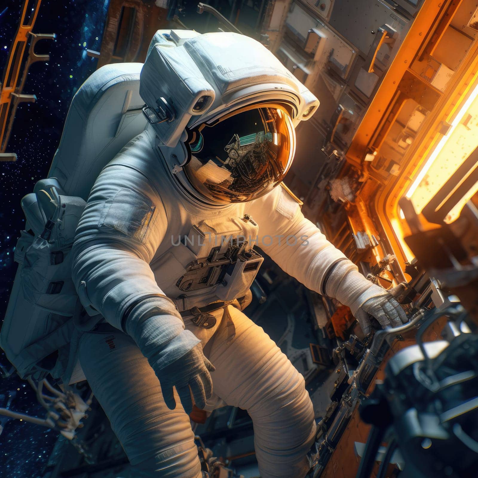 An astronaut in a spacesuit repairs a space station in outer space