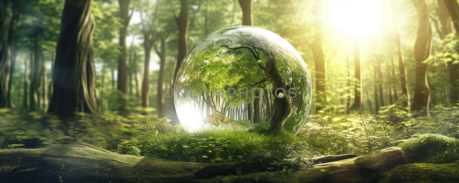 Glass sphere in the forest, grass and sun by cherezoff