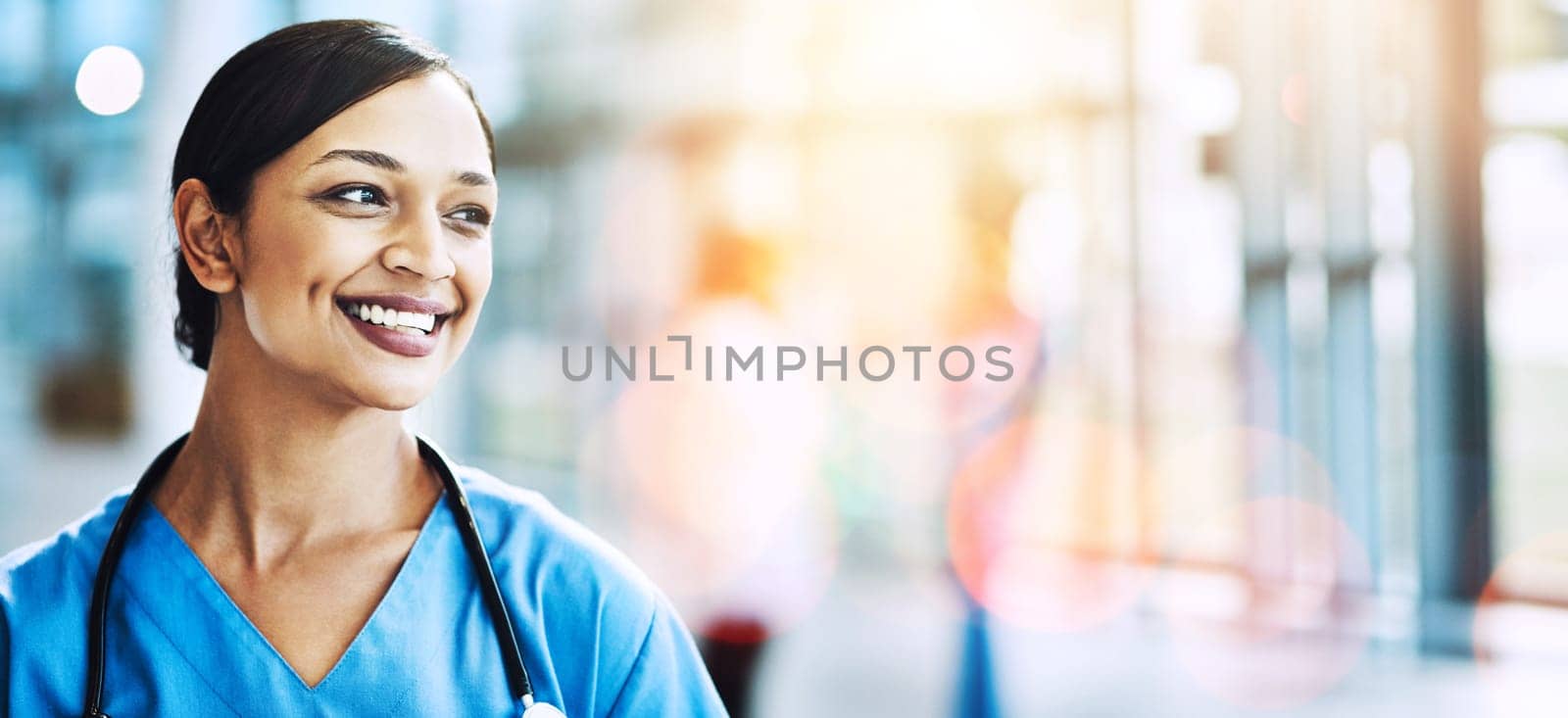 Woman, happy doctor and thinking on banner, mockup space and bokeh background. Face of healthcare worker with smile, motivation and thinking of medical innovation, future medicine or positive mindset by YuriArcurs