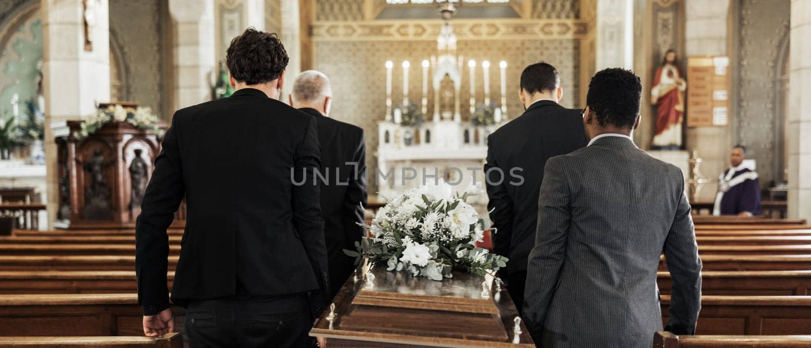 Funeral, church and group carry coffin in service, death or sermon for burial with support. Friends, family or pallbearers with casket for respect, help or sorrow in mourning, worship or god religion by YuriArcurs