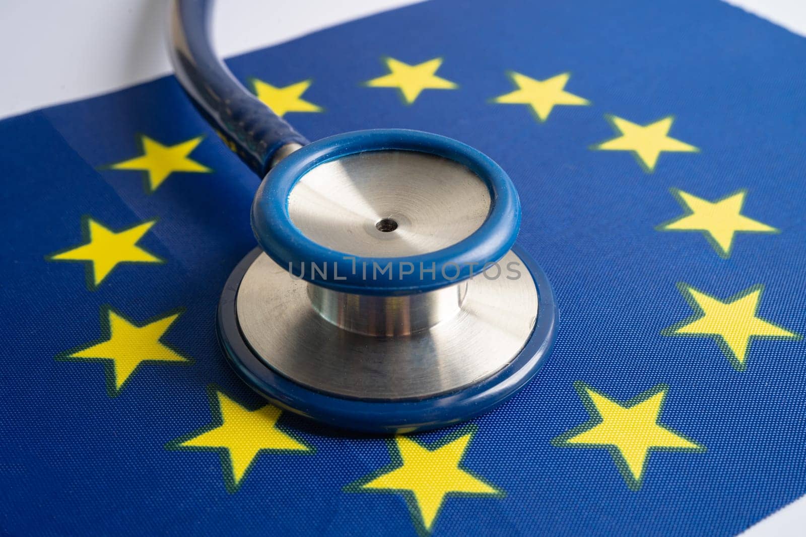 Stethoscope on EU flag background, Business and finance concept.