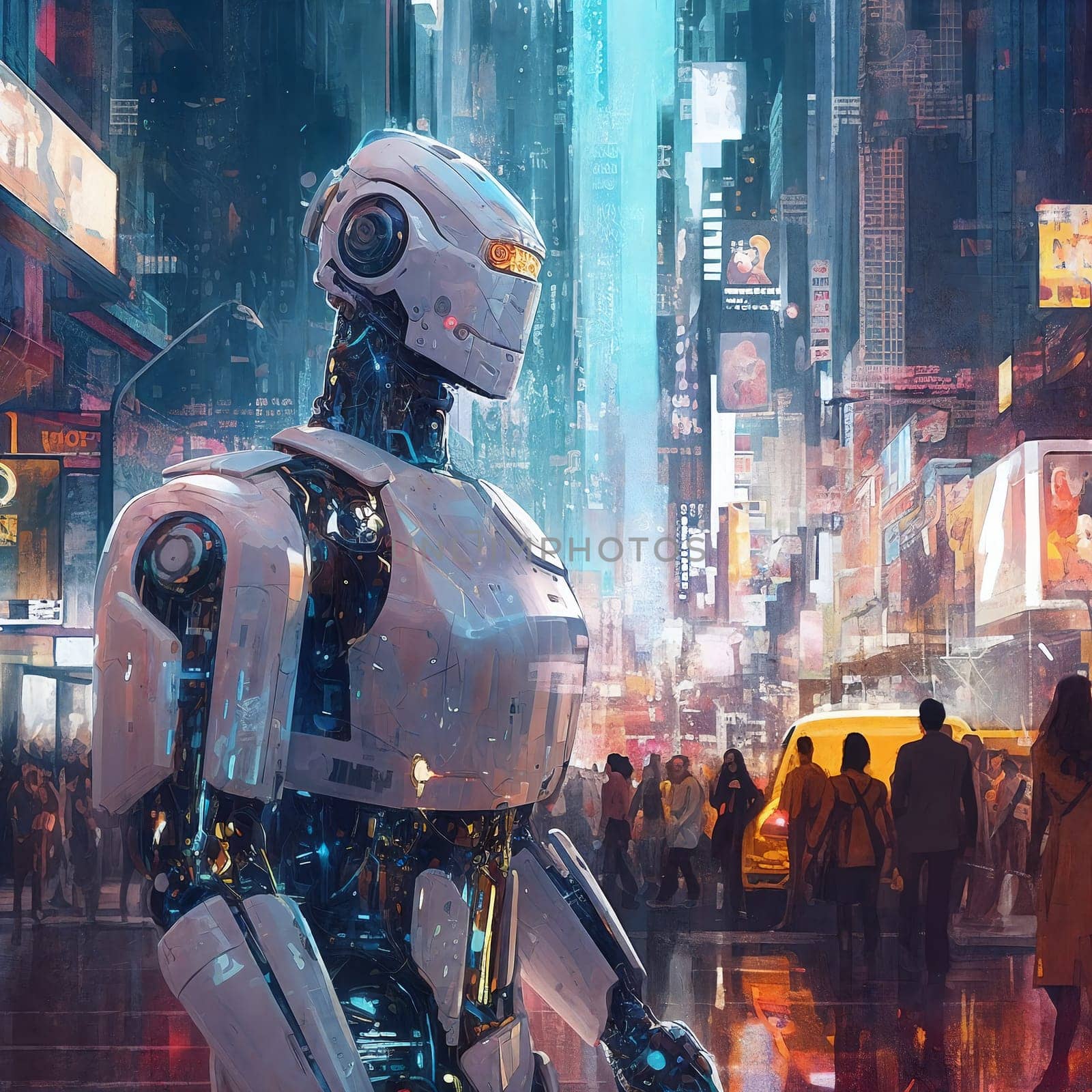 Futuristic image of robot. Modern city on background . AI Generative