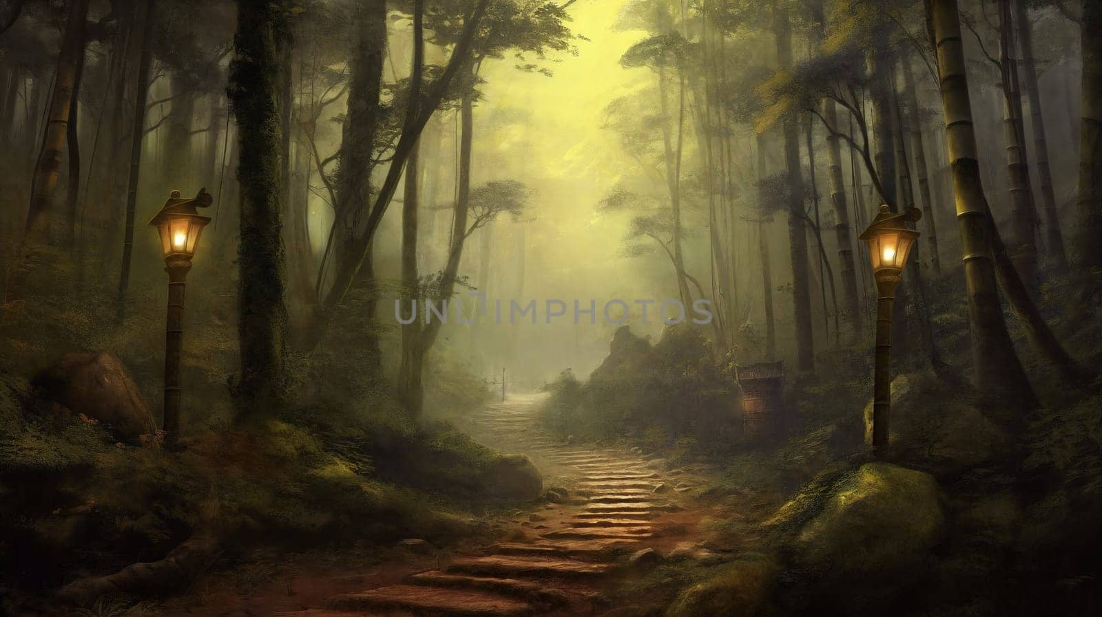 Fantasy faiey forest, lanterns on the foreground. AI Generative