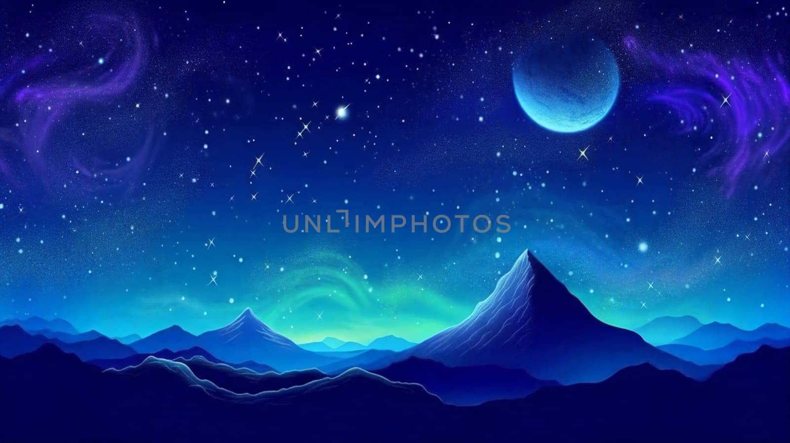 Fantasy planet with mountain on foreground, night sky with stars and planets on background . AI Generative