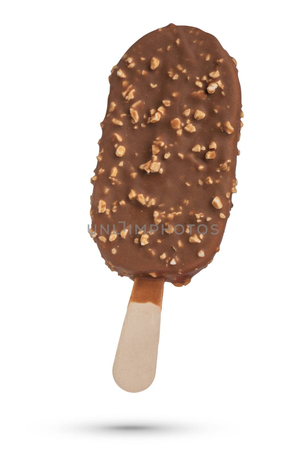 Ice cream on a stick, on a white isolated background. Ice cream covered with milk chocolate and nuts. Ice cream scoop isolate for inserting into a design or project. High quality photo