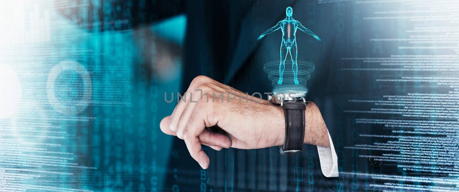 Digital innovation, businessman hologram watch and ai technology digital transformation. Abstract iot data futuristic dashboard design, ux research internet network and seo or nft website.