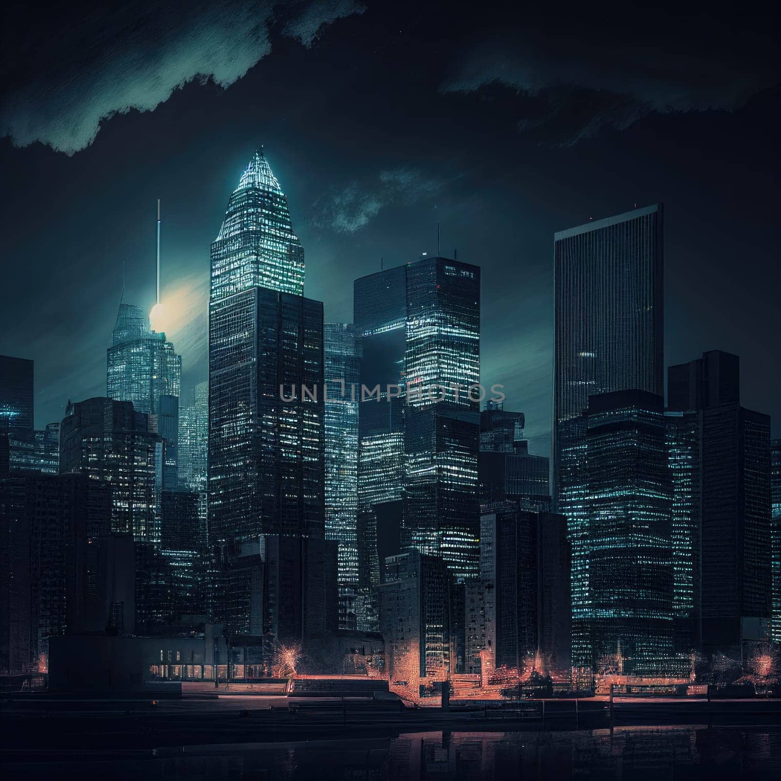 A futuristic metropolis skyline illuminated with neon glow and reflections. AI Generative