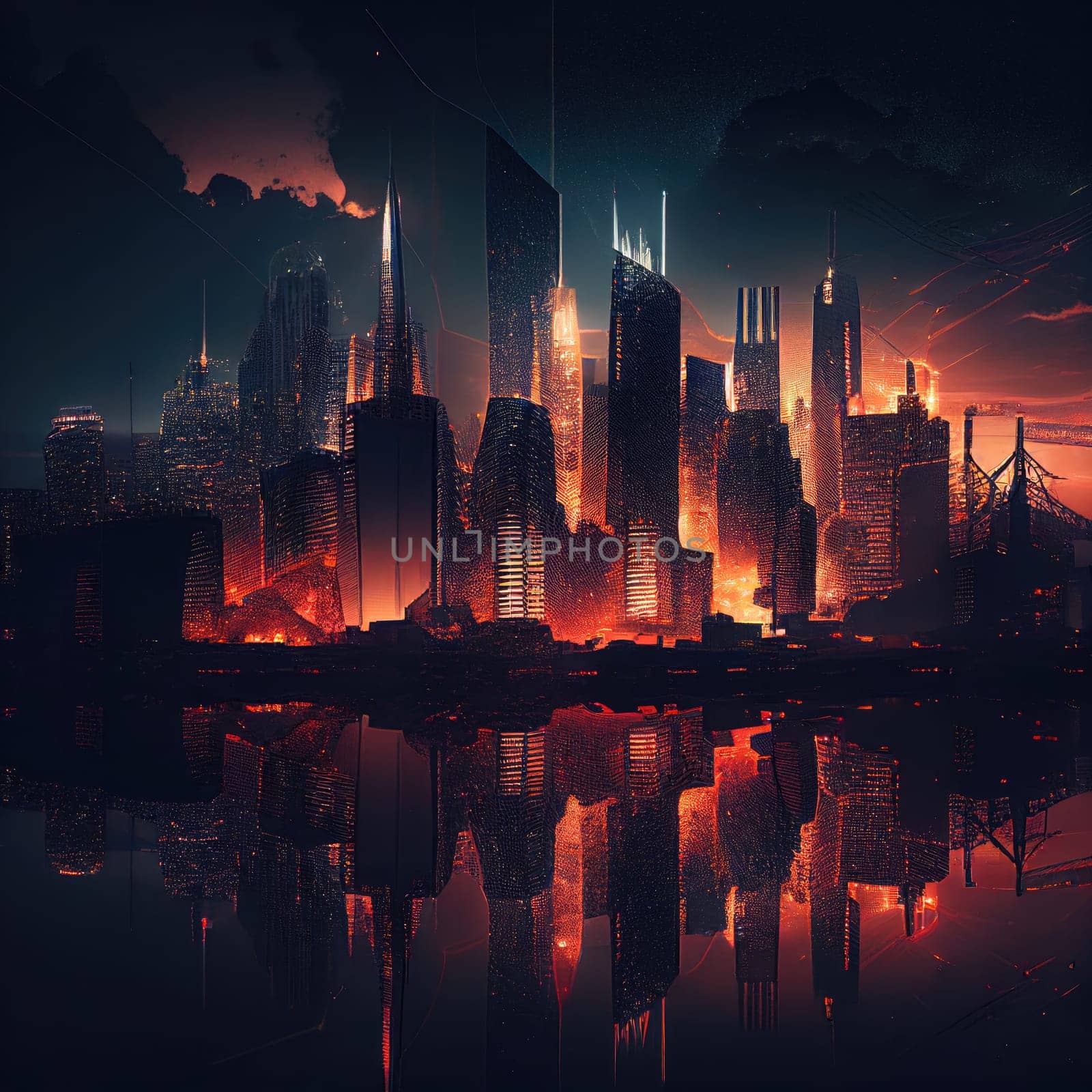 A futuristic metropolis skyline illuminated with neon glow and reflections. AI Generative