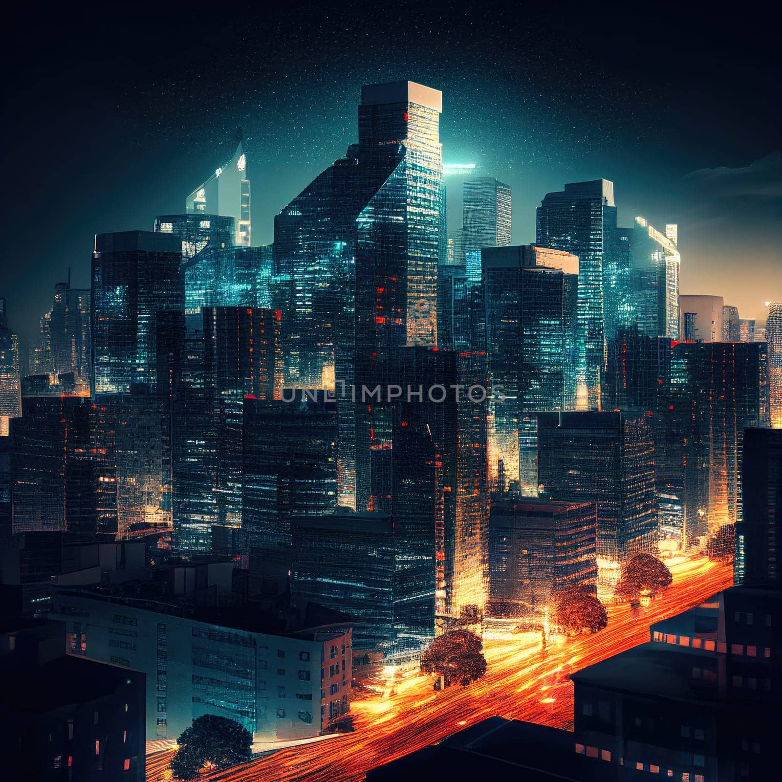 A futuristic metropolis skyline illuminated with neon glow and reflections. AI Generative