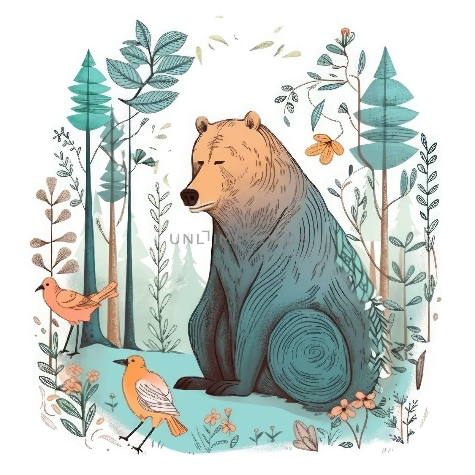 Adorable bear in floral woodland with watercolor leaves. AI Generative