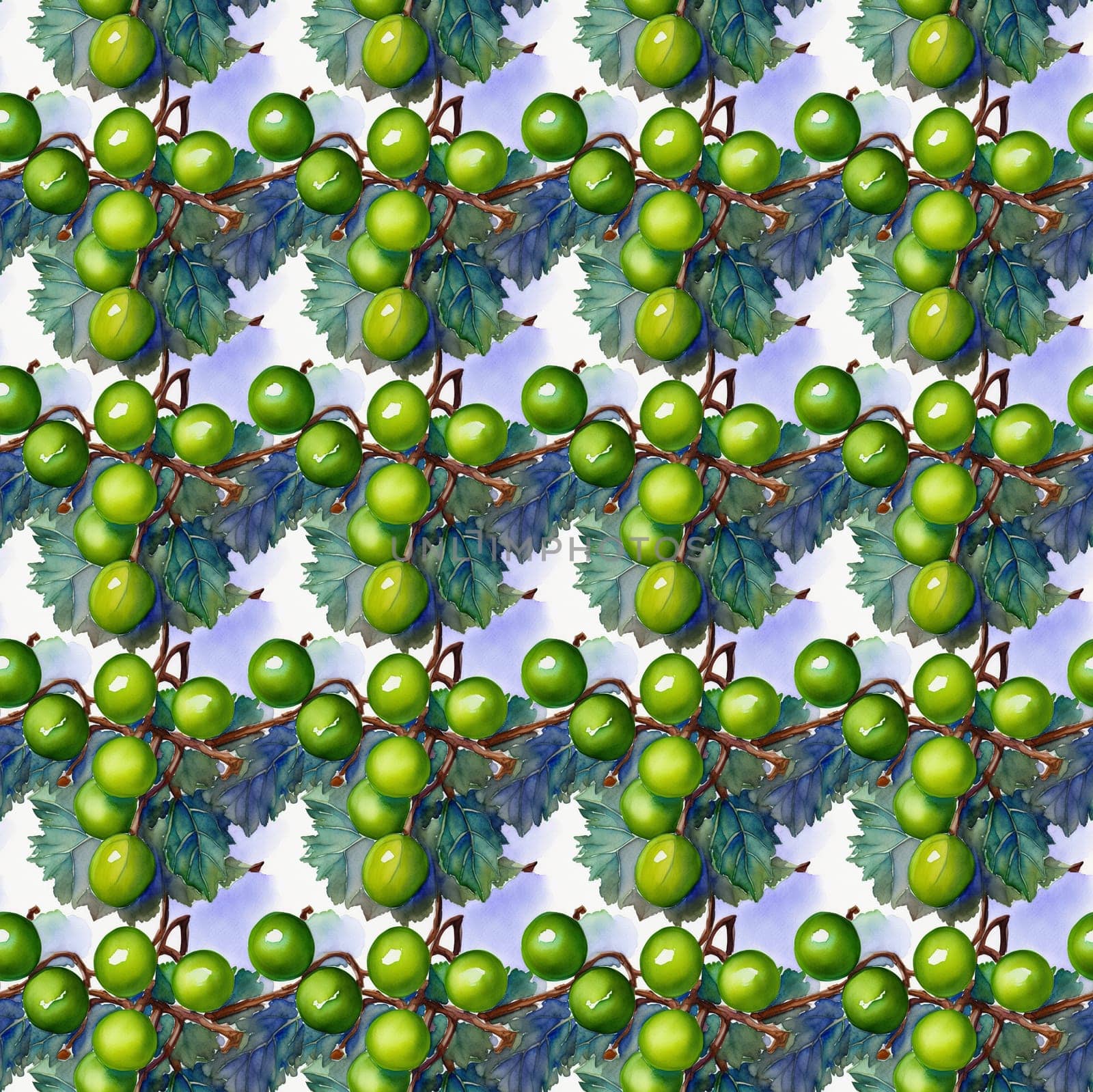 Watercolor green grape, branch on white background.Seamless pattern.