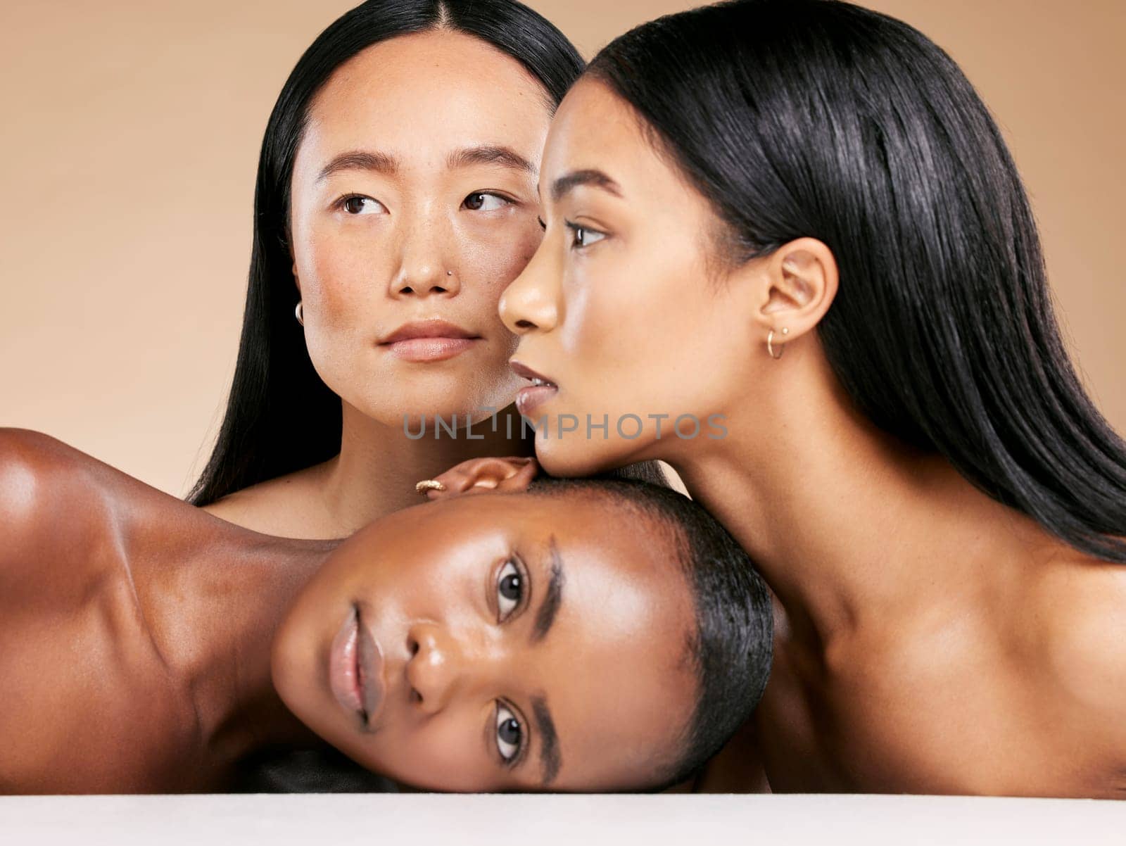 Portrait, skincare or women with diversity, natural beauty or natural glow relaxing while isolated on studio background. Faces of beautiful girl models with dermatology cosmetics or facial products.