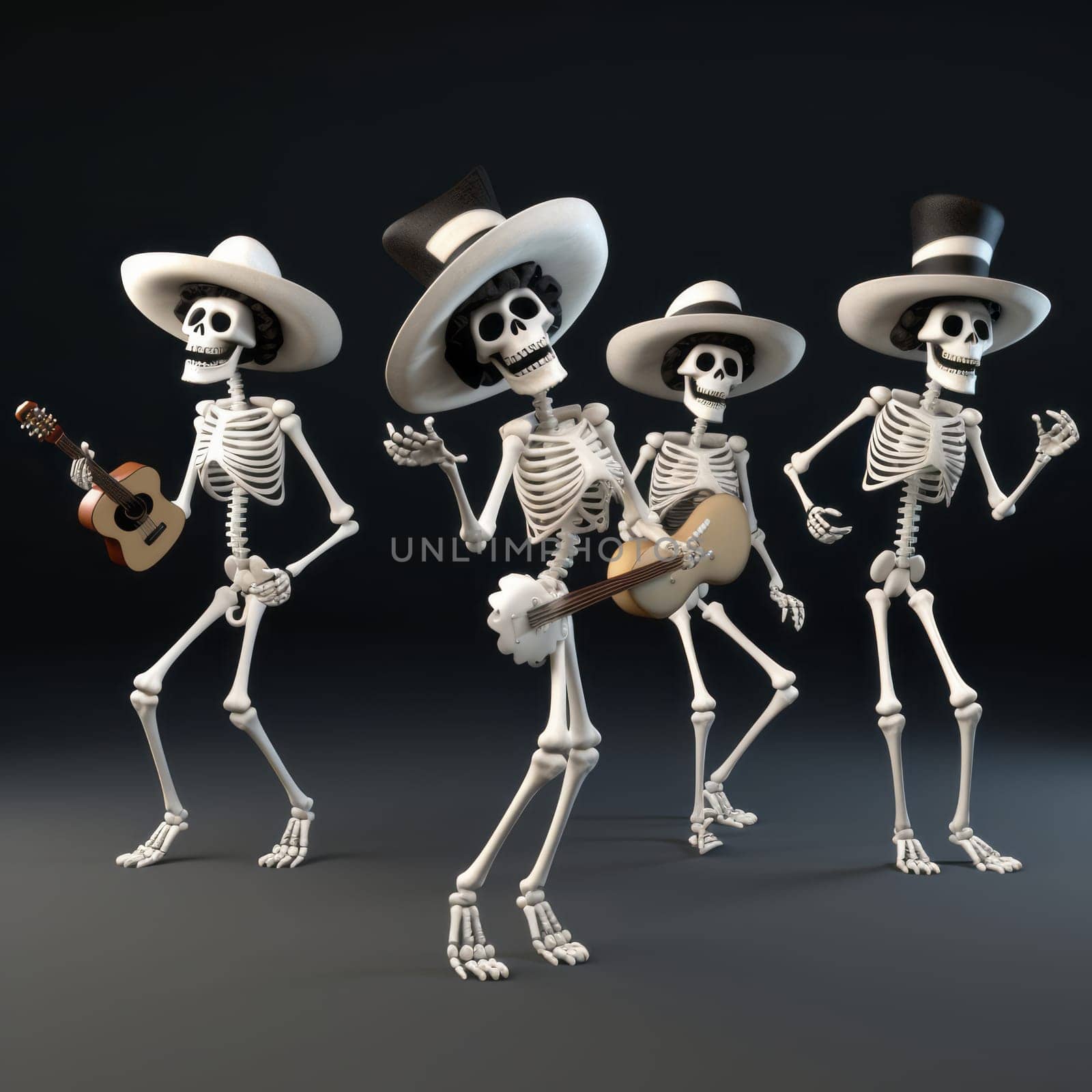 Four cute dancing white skeletons in white hats, with a guitar on black background. Ai generative