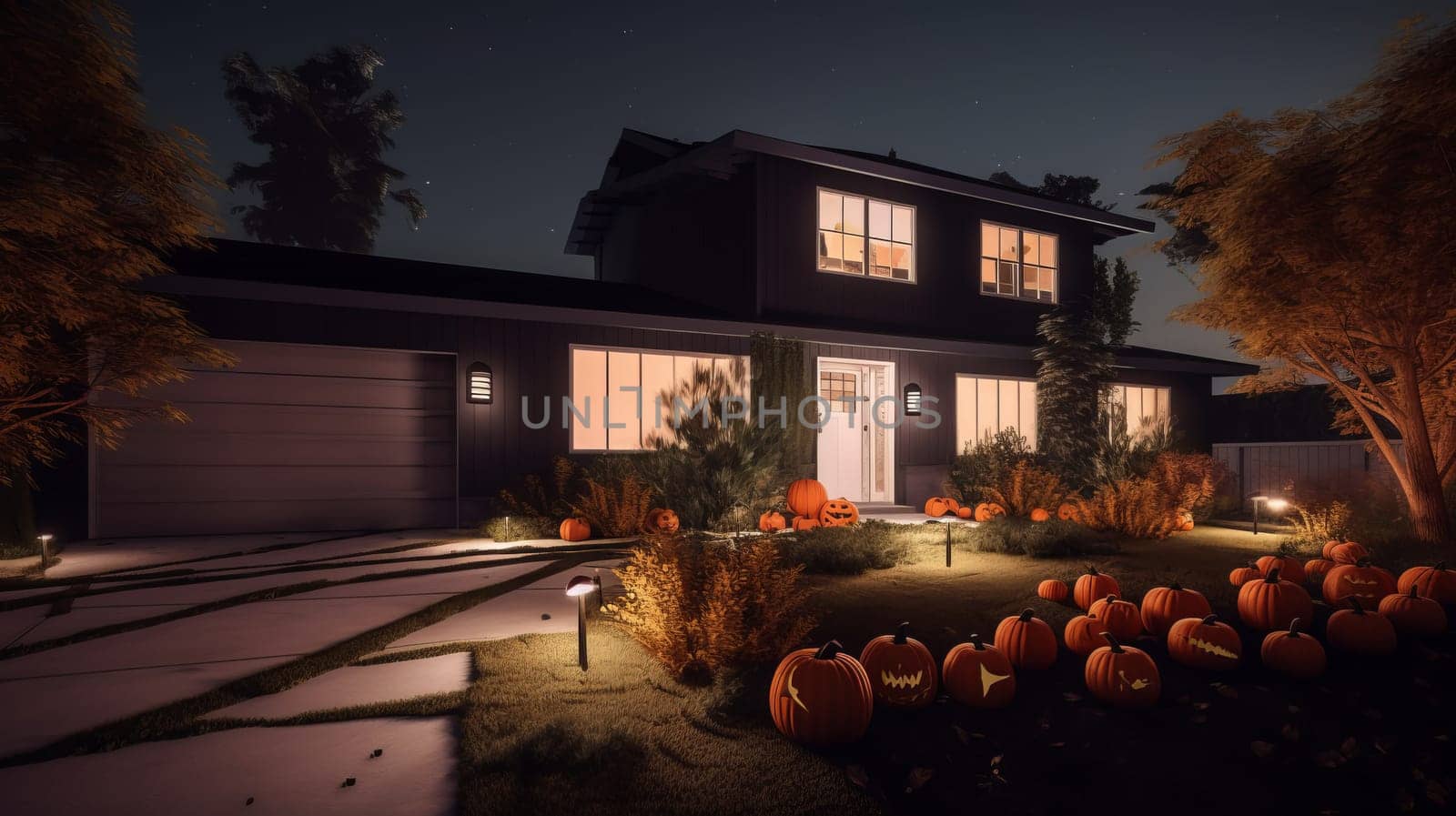 Night view of a modern house with halloween pumpkins . Ai generative
