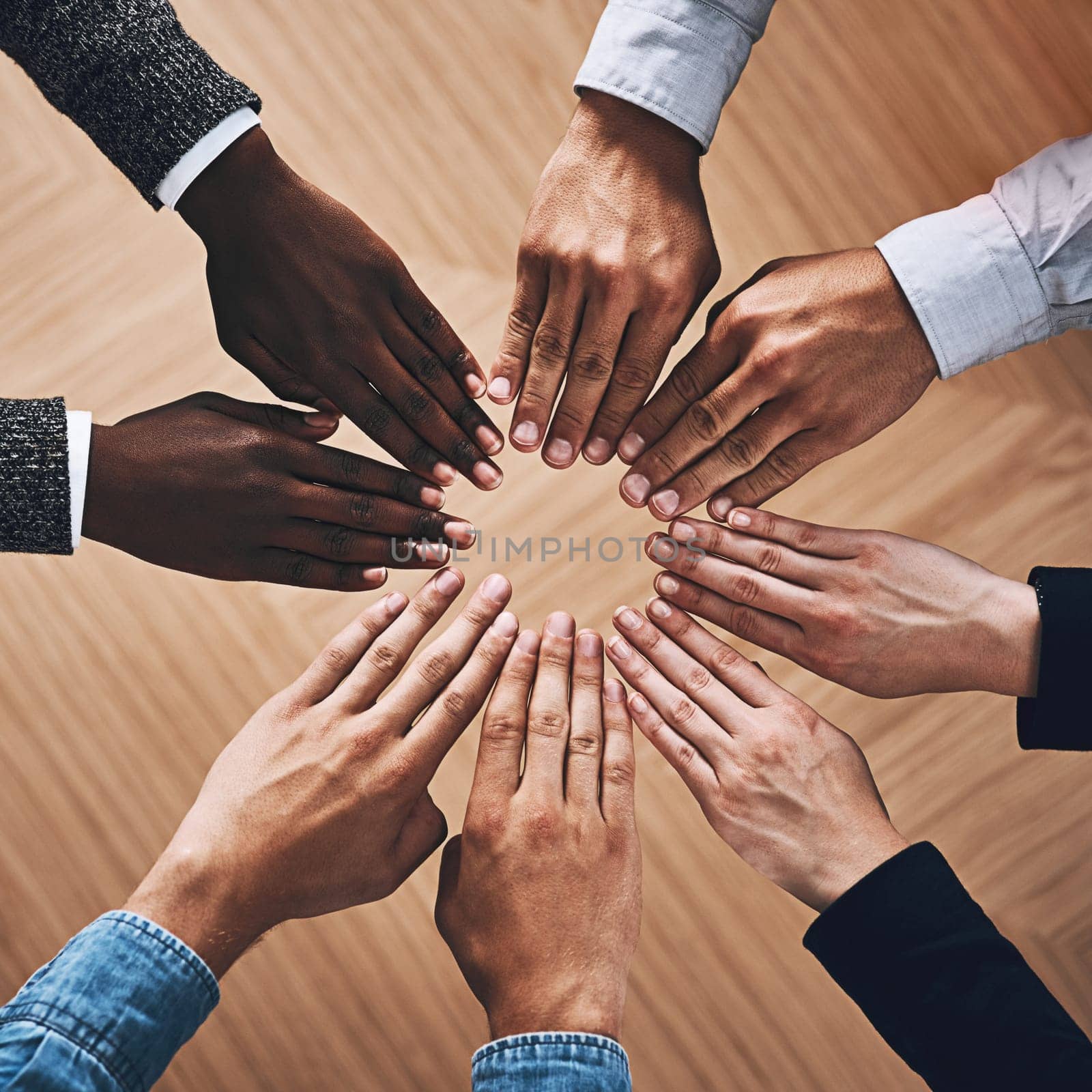 Above, community or hands of business people for support, teamwork or group collaboration in office. Zoom, diversity or employees with diversity, inclusion or mission for partnership goals together.