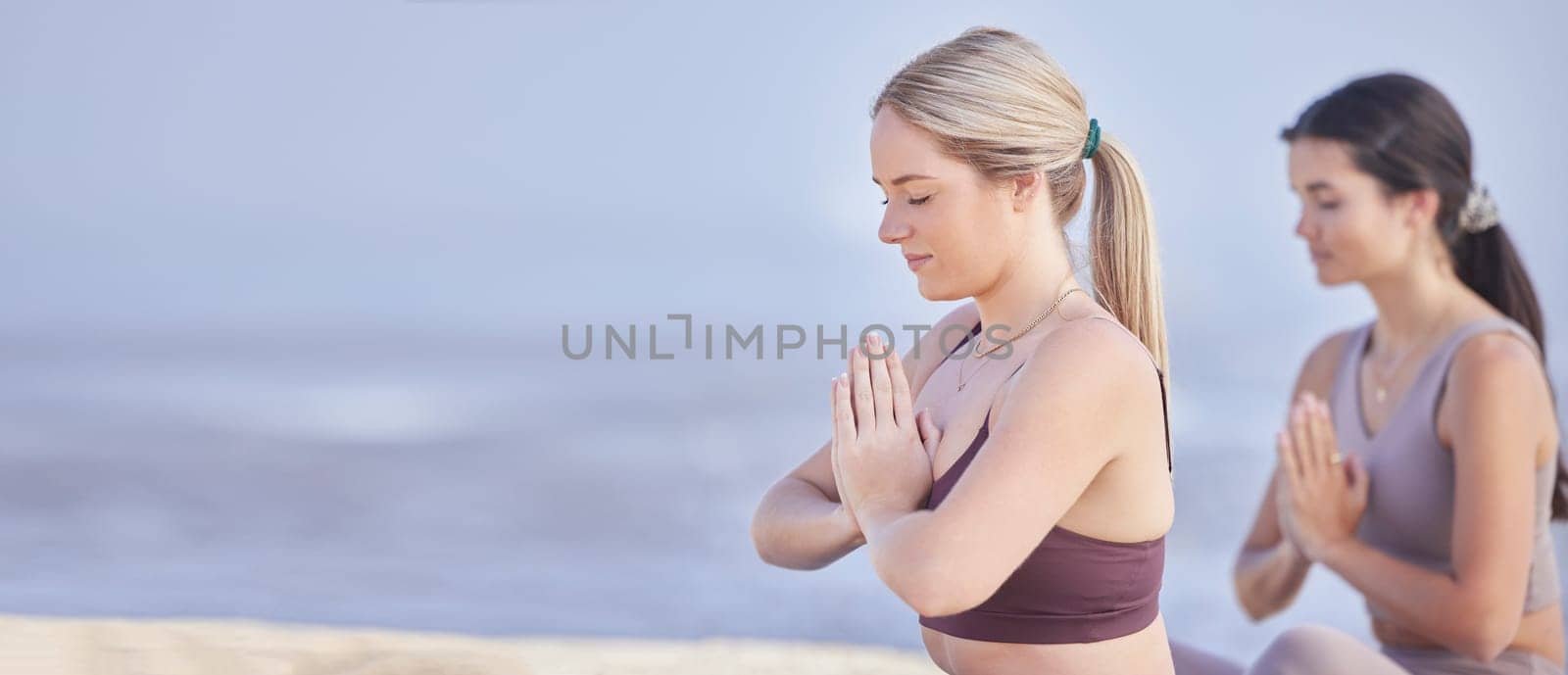 Yoga meditation, outdoor and women with space for fitness exercise, peace and wellness. Friends at beach for prayer workout, training and energy for mental health, chakra and zen mock up in nature.