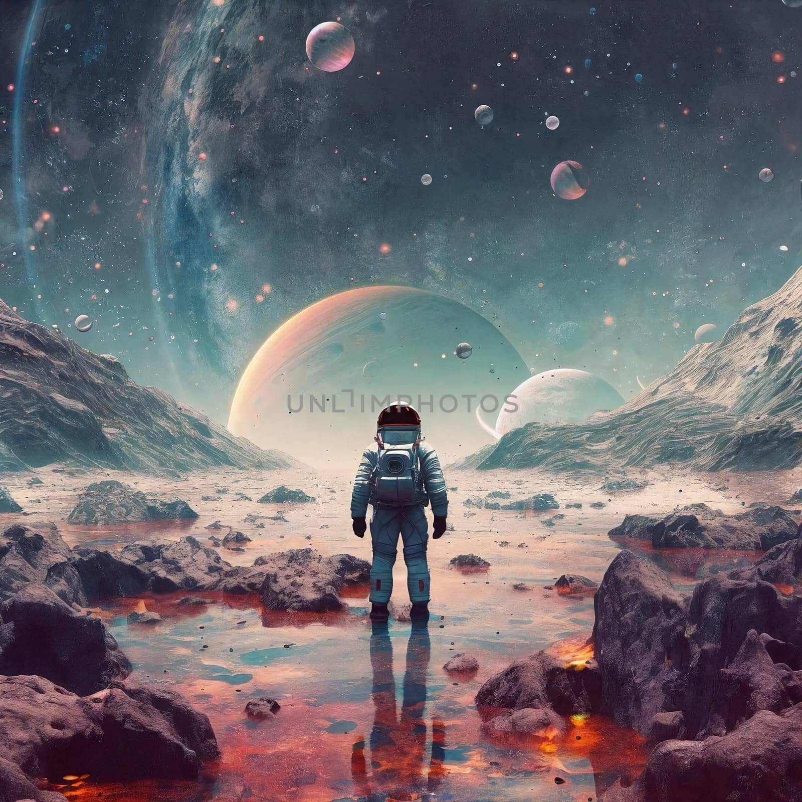 Astronaut exploring fantasy planet, night sky with stars and planets on background . AI Generative